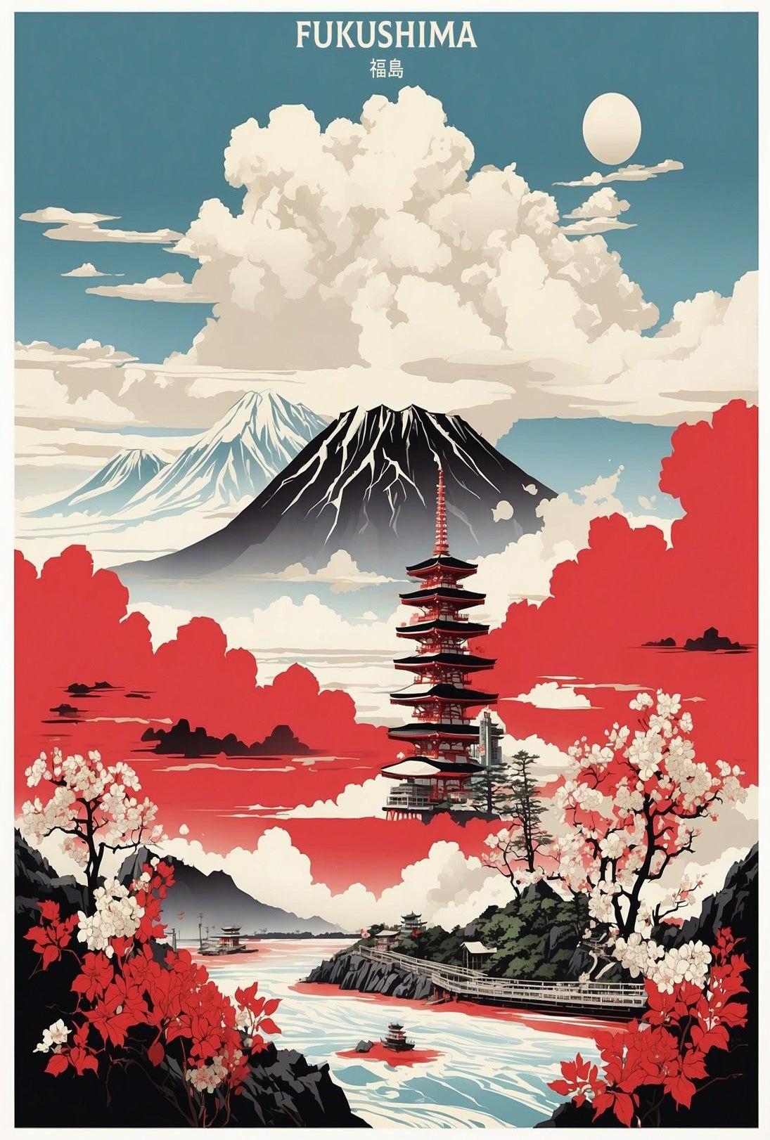 Japanese Tranquility Travel Poster with Pagoda and Mount Fuji