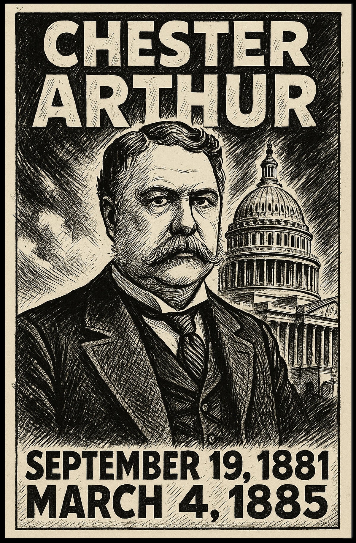 Chester A. Arthur 21st President of the United States B & W Comic Sketch Poster