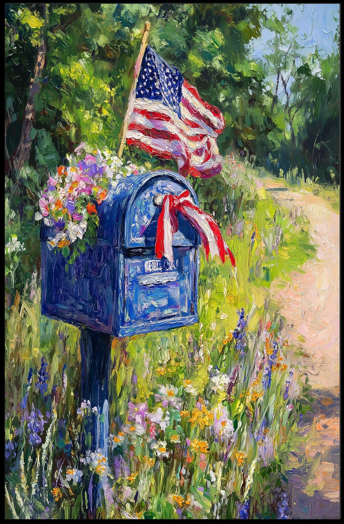 Blue Mailbox With Patriotic Ribbons Outdoor Garden Poster