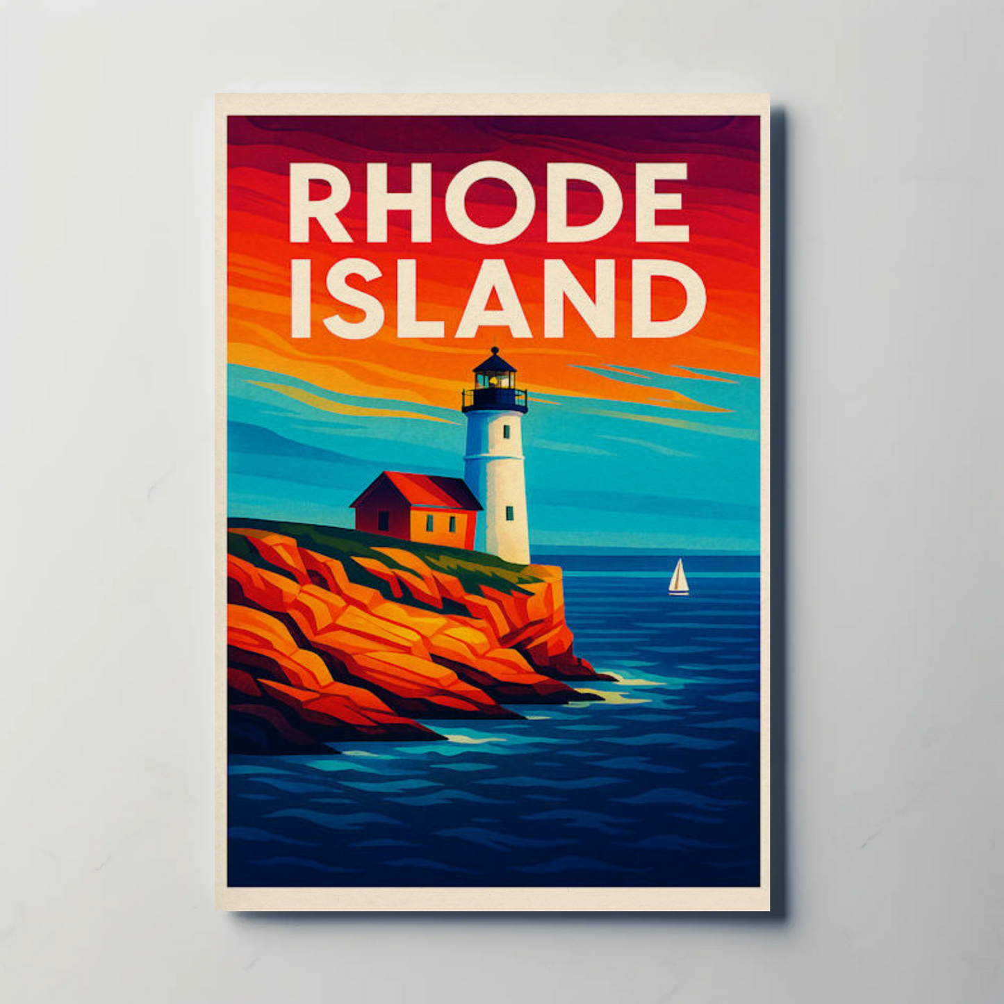 Rhode Island Coast Lighthouse Ocean Sunset Travel Poster