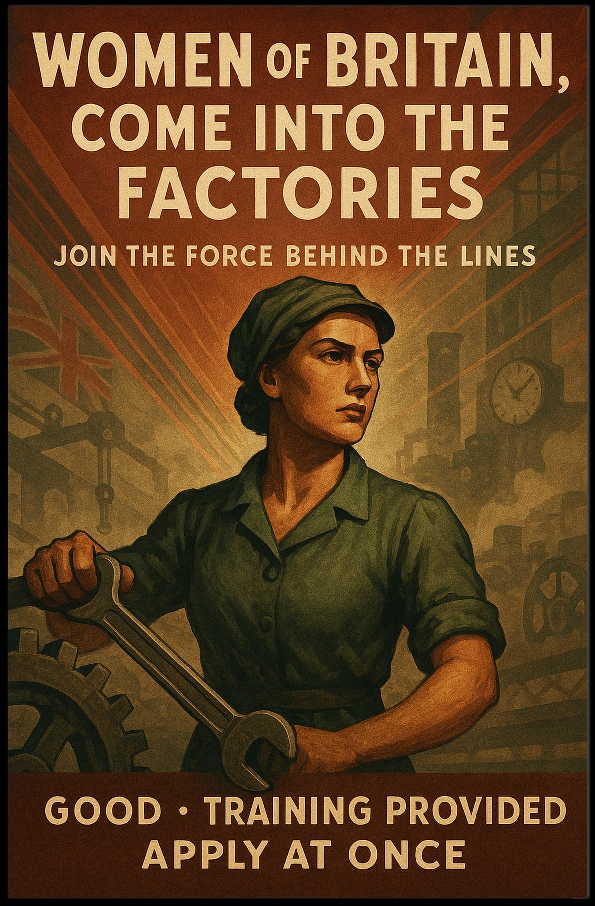 British Women Factory Work Wartime Propaganda Vintage Poster