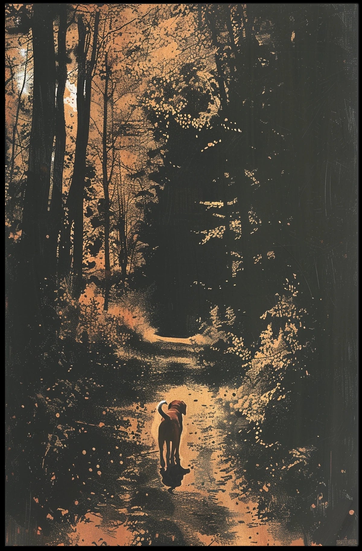 Serene Woodland Walk with Dog Autumn Poster