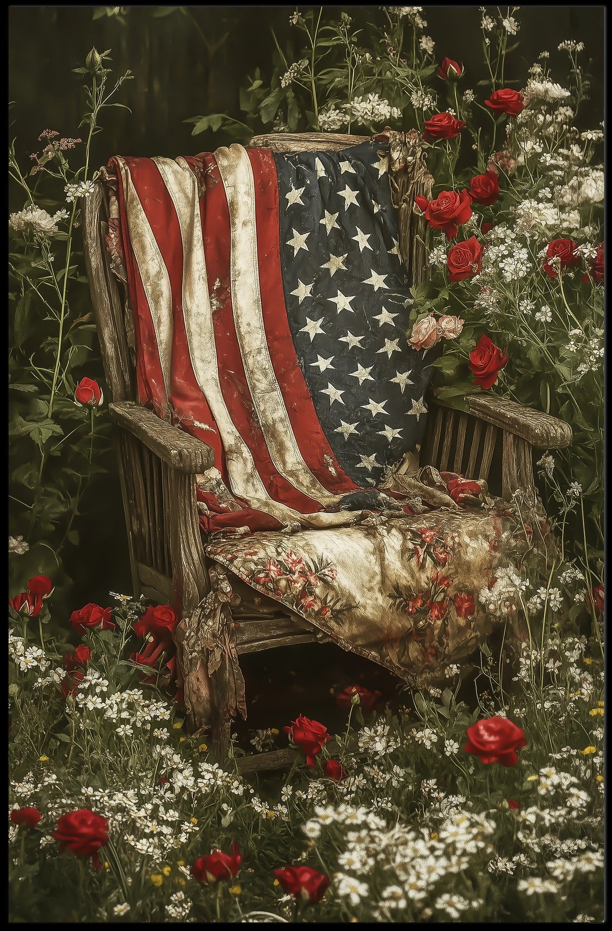 rustic garden chair with an old American flag draped Poster
