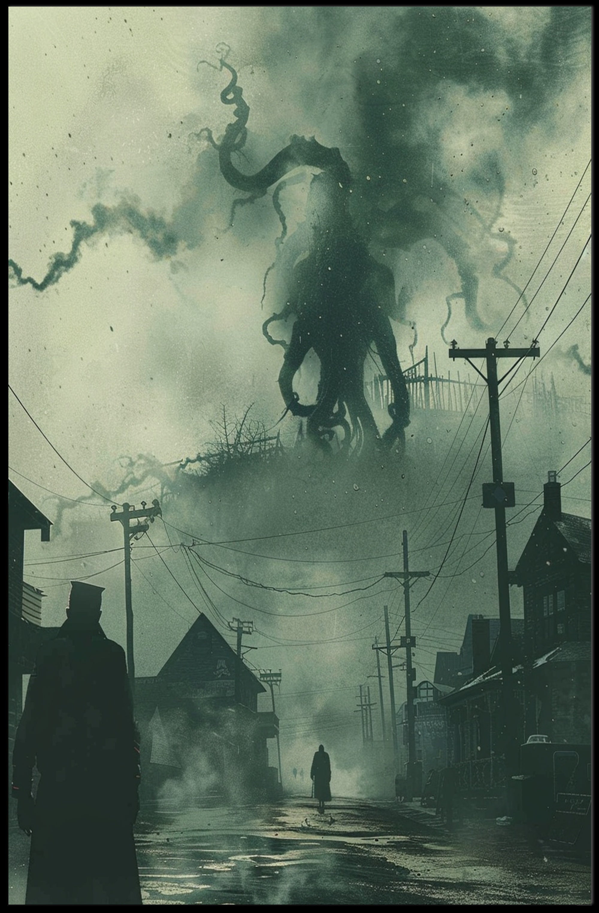 Dark Victorian Town with Tentacled Creature Fantasy Poster PosterGoat