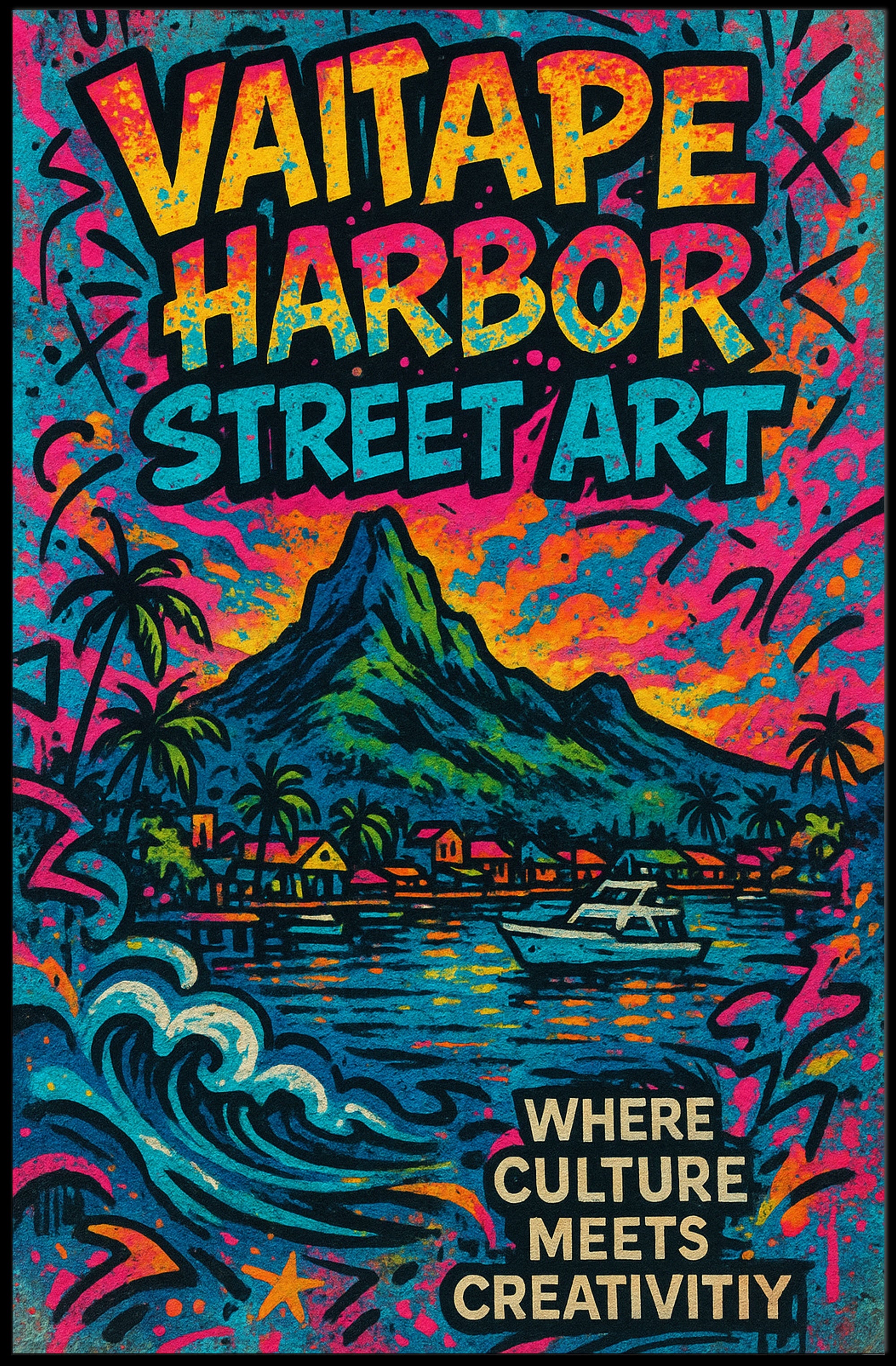 Vaitape Harbor Street Art Poster Vibrant Travel Print