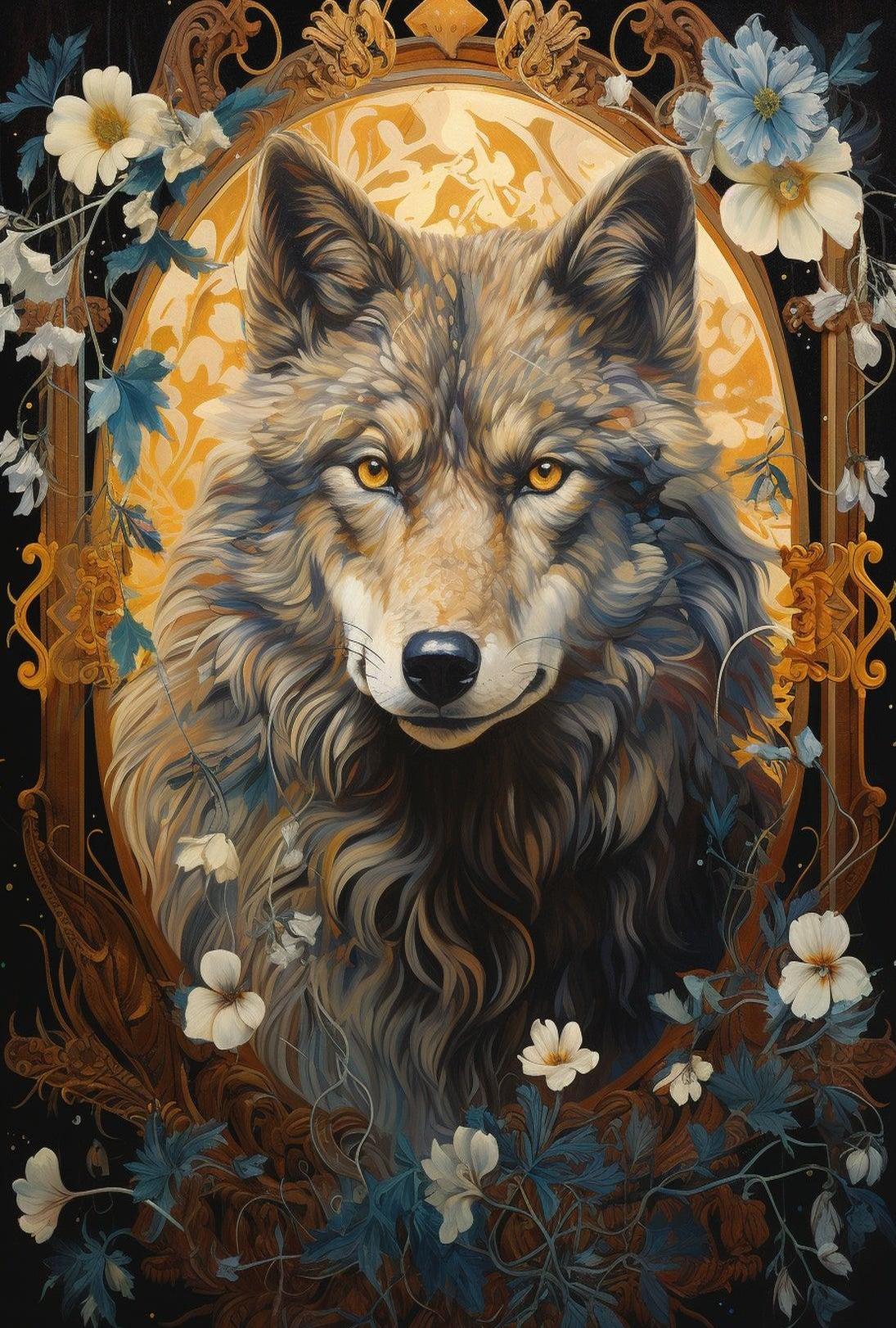 Majestic Wolf Portrait in Ornate Art Nouveau Animal Poster