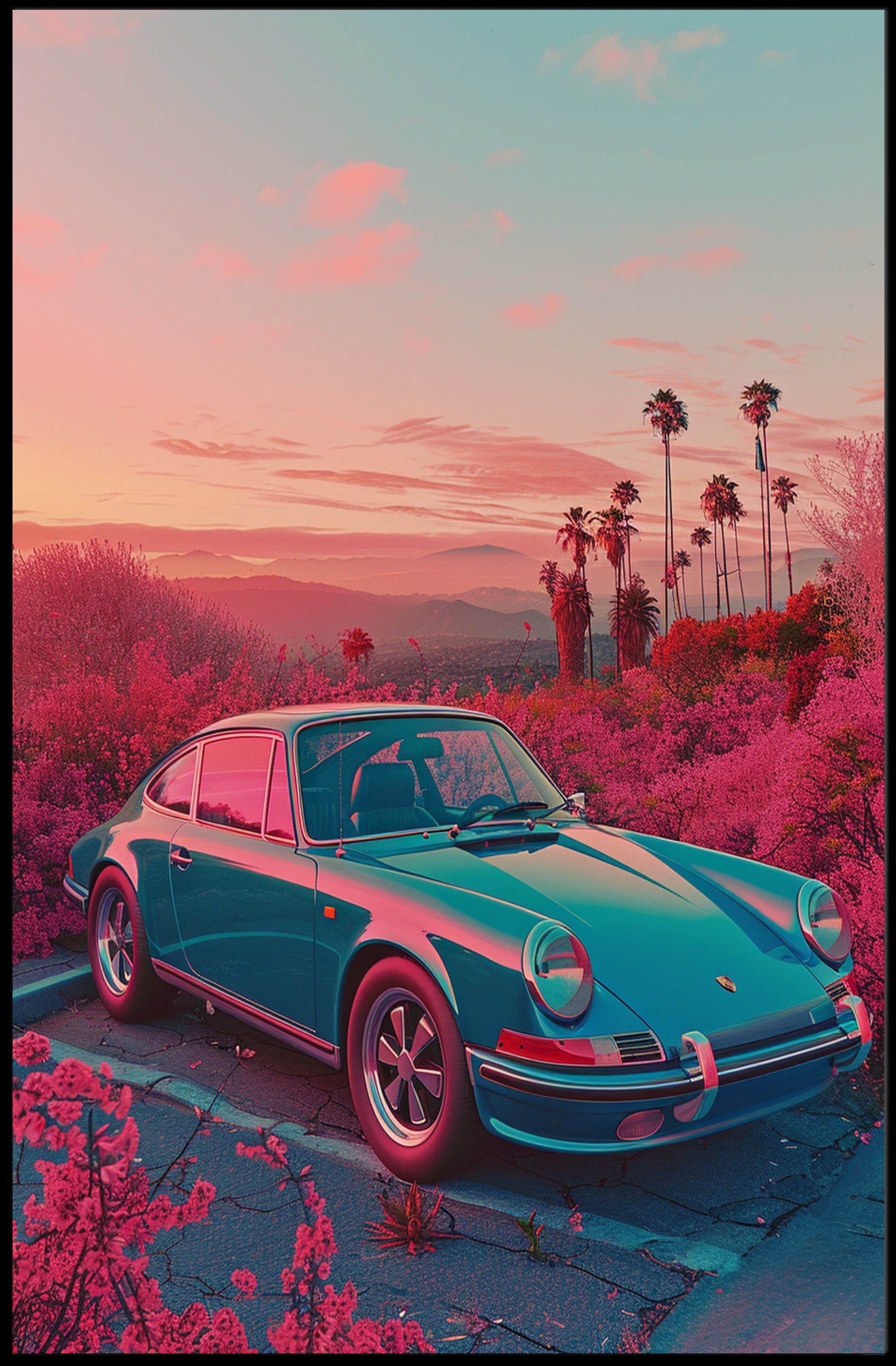 Vintage Car In Dreamy Landscape Poster Art Print PosterGoat