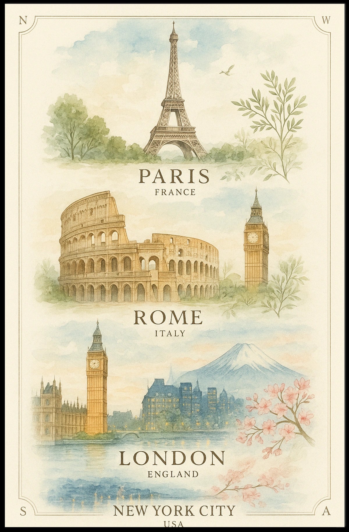Iconic World Landmarks in Vintage Watercolor: Heritage Poster