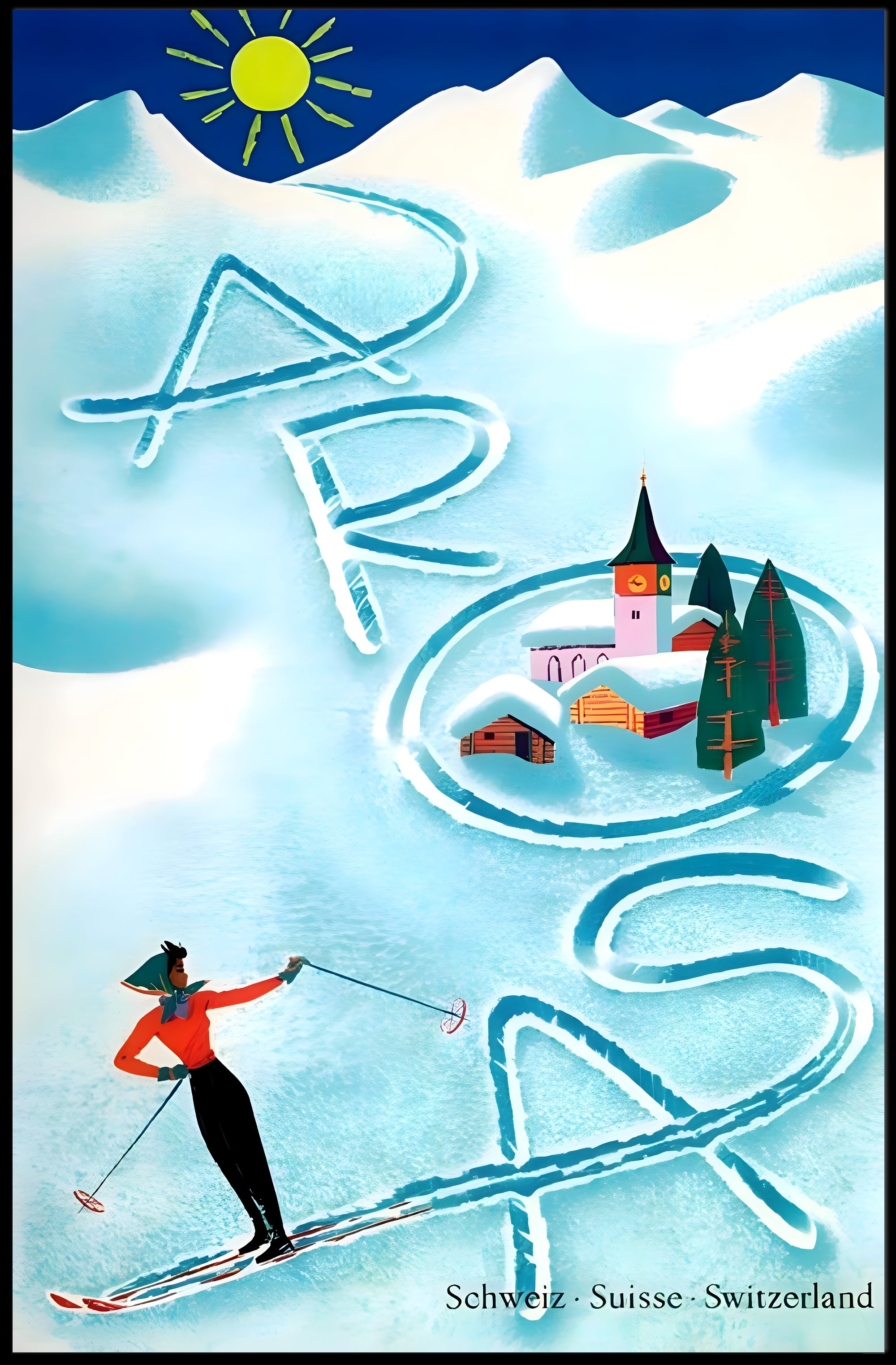 Skiing in Arosa Swiss Alps Travel Poster PosterGoat