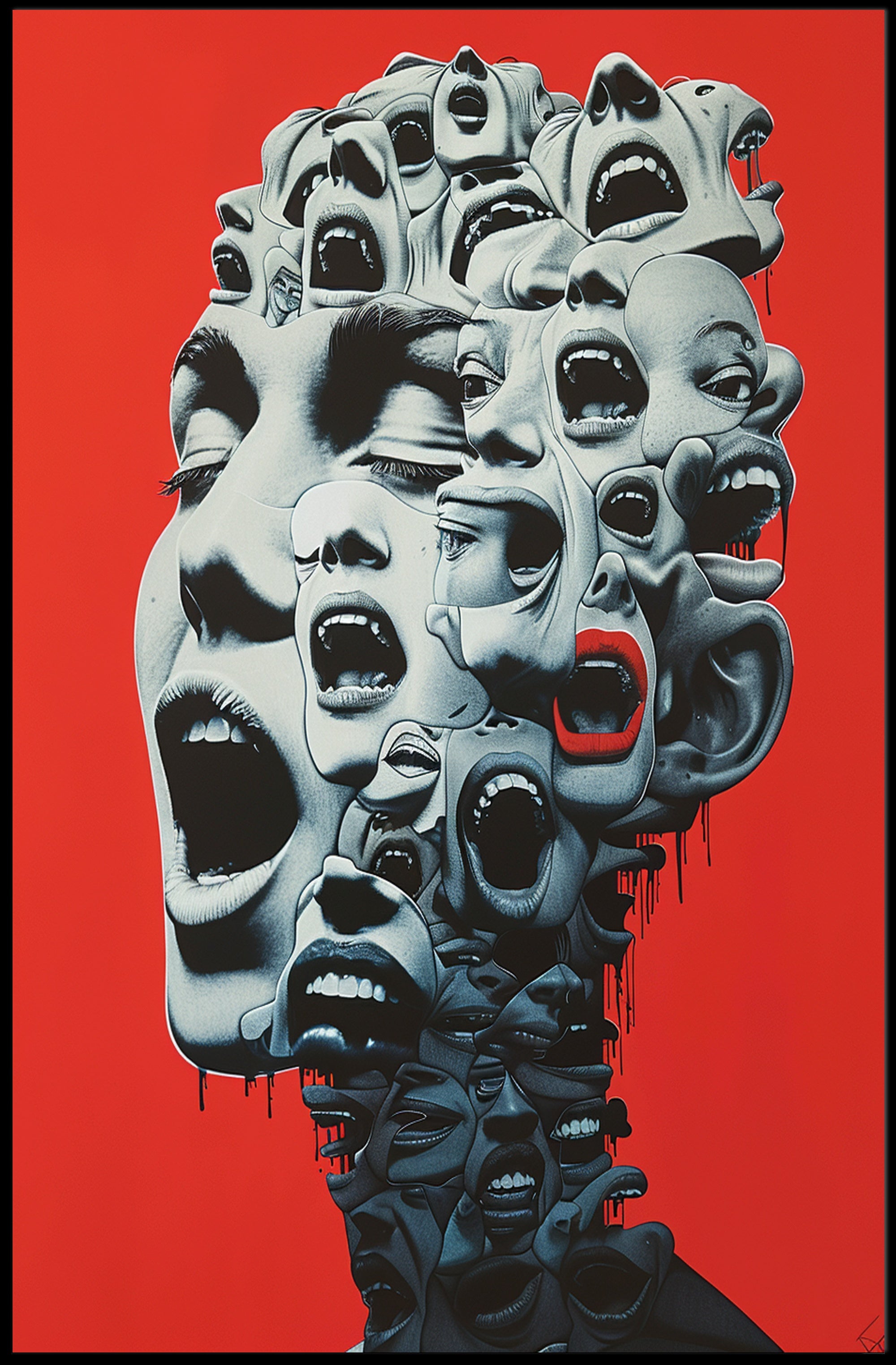 Surreal Faces Collage Poster: Red Background Art PosterGoat