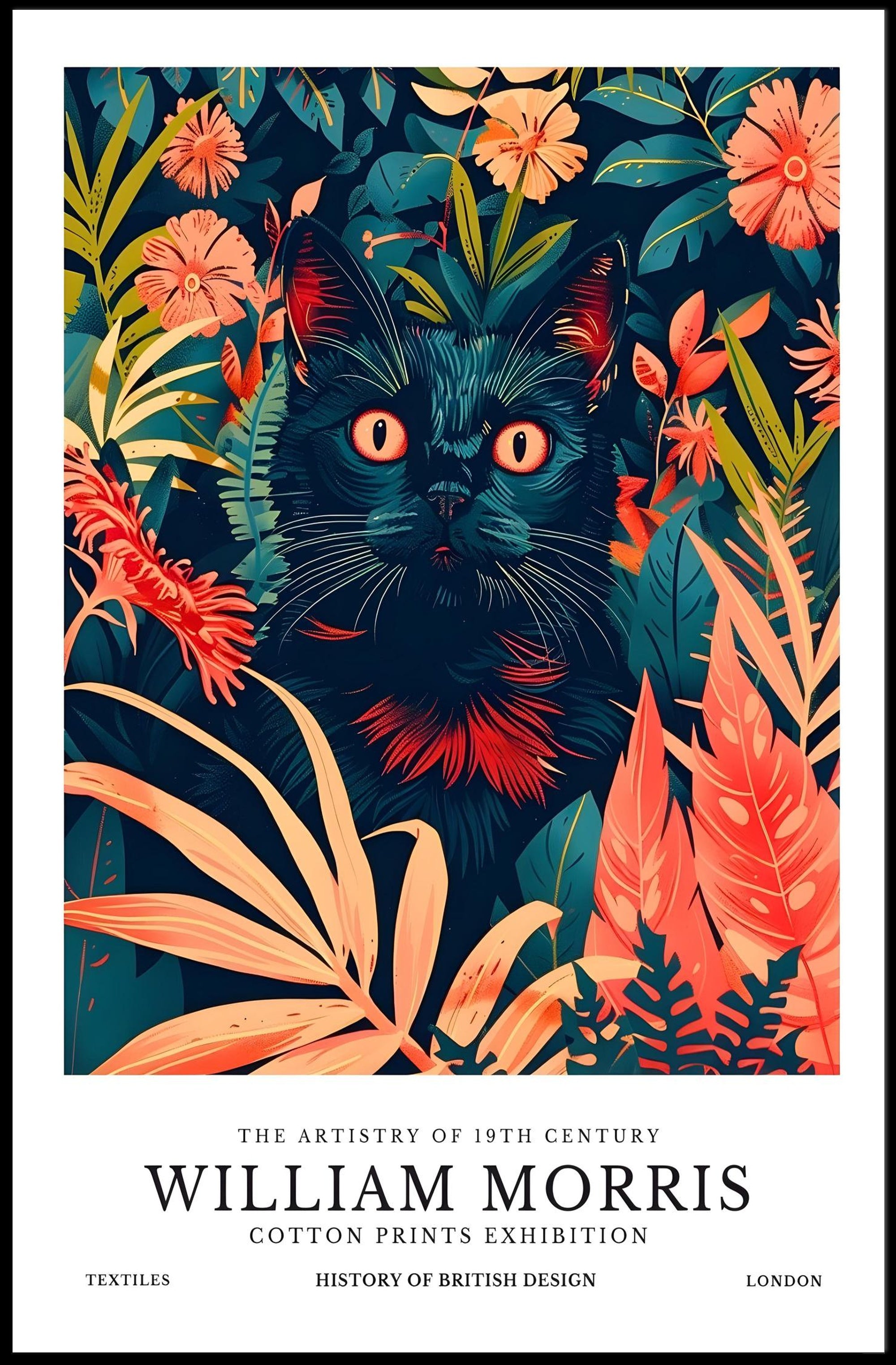 Black Cat in Botanical Wonderland: Artistic Poster
