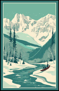 Winter Serenity: Majestic Snow-Covered Mountains and Tranquil River Poster