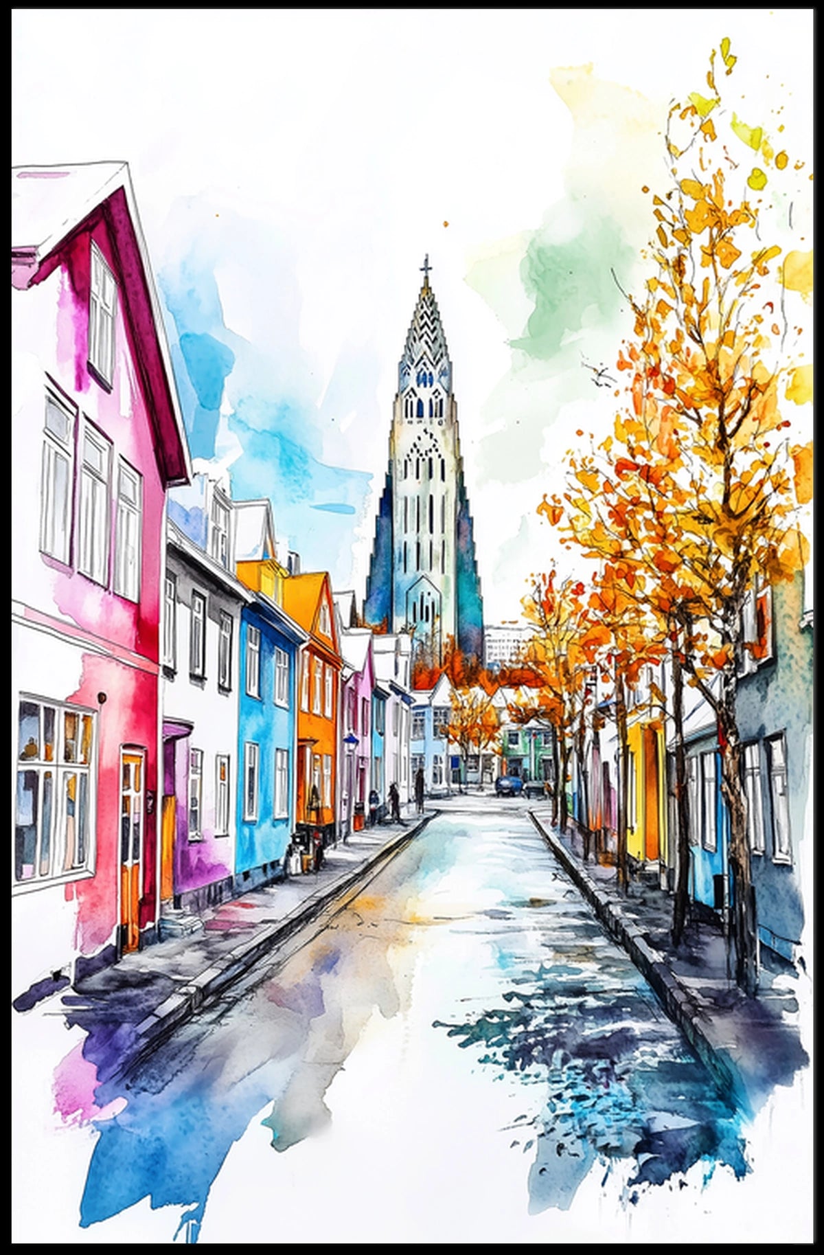 Iceland Reykjavik Colorful Street and Hallgrimskirkja Poster