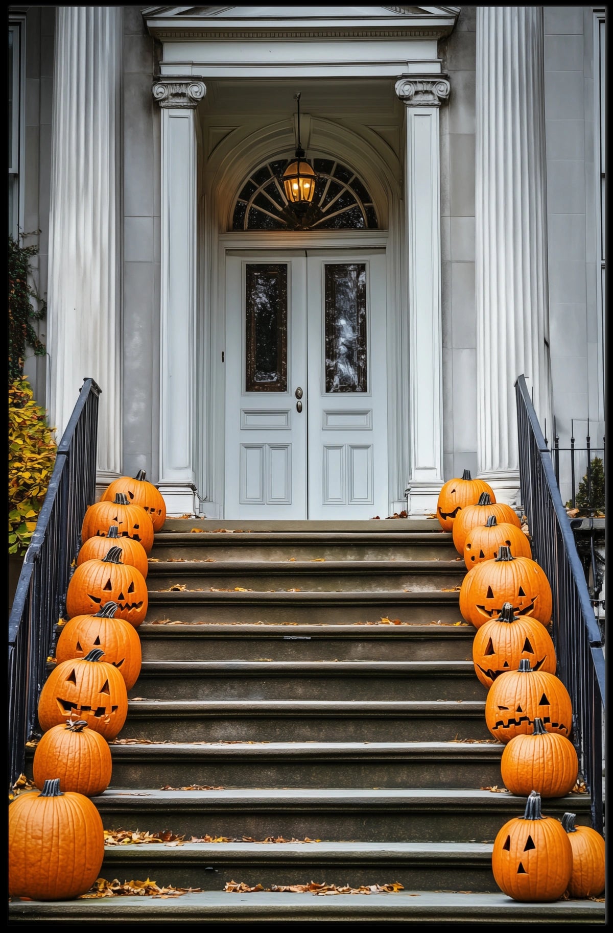 Halloween Entrance Decorations Carved Pumpkins Poster