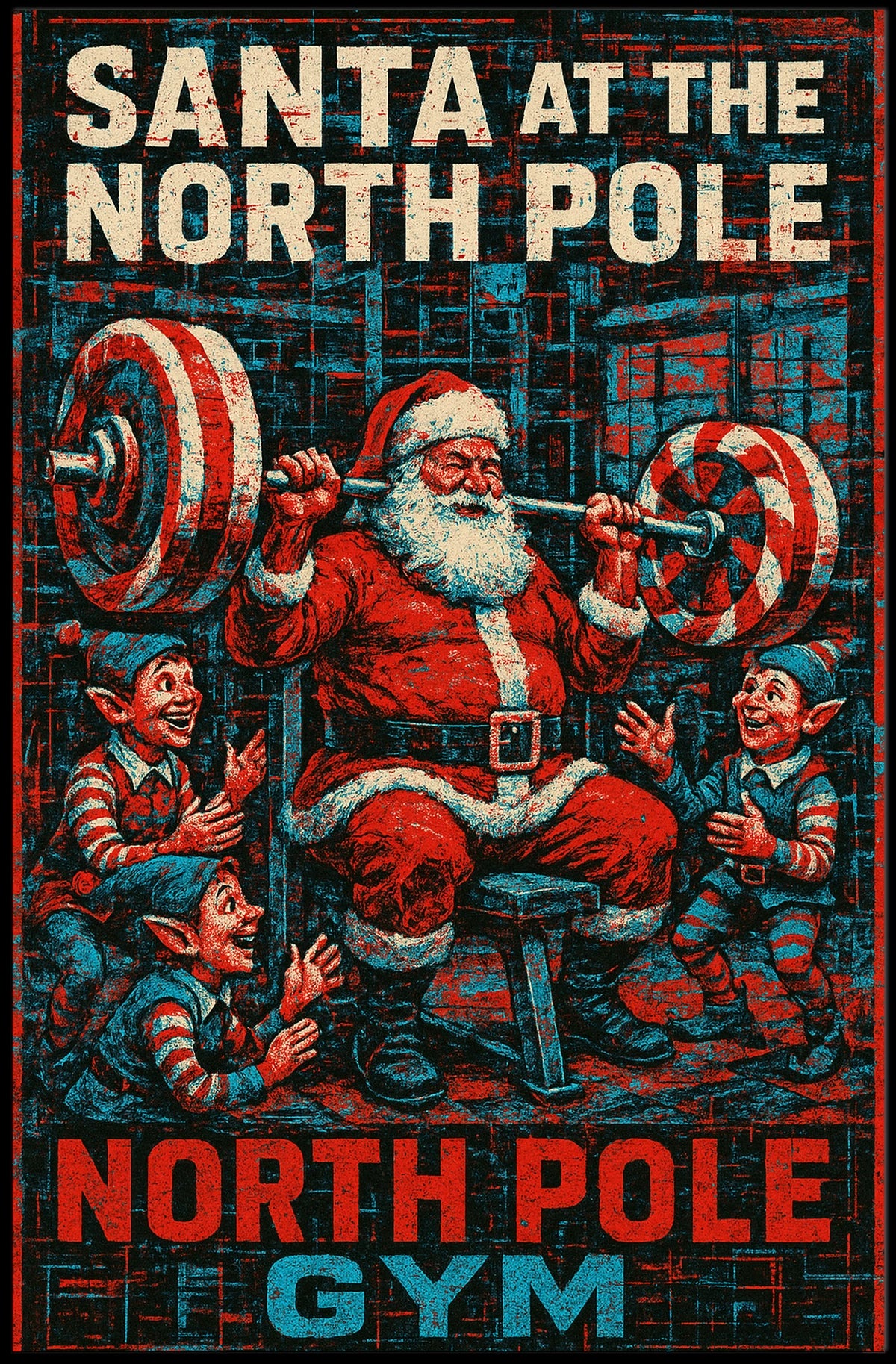 Santa Claus Weightlifting at Retro Gym Pop Culture Poster
