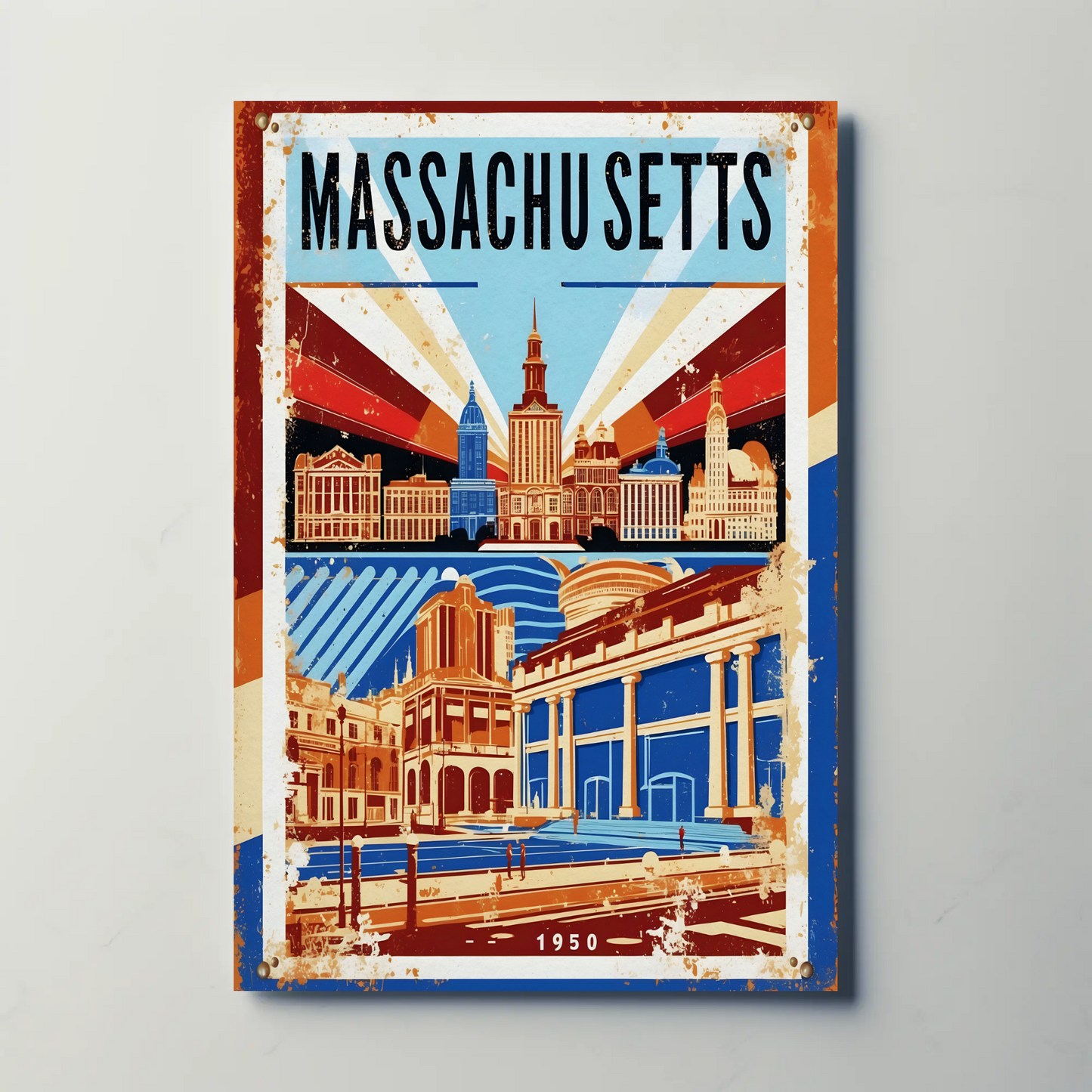 Massachusetts USA 1950 Capitol Skyline Vintage Travel Poster