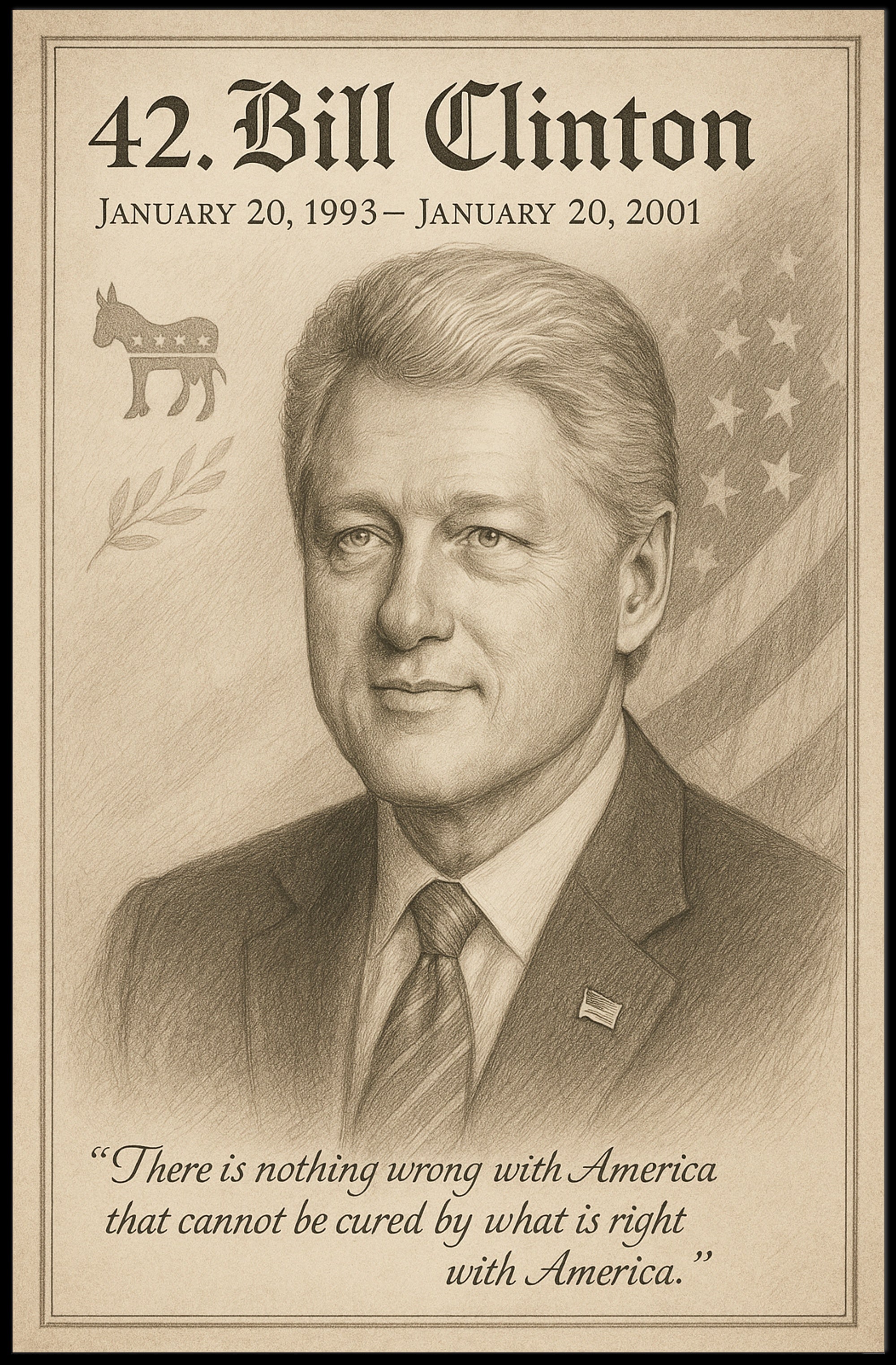 Bill Clinton 42nd President Sketch Poster Art Print PosterGoat