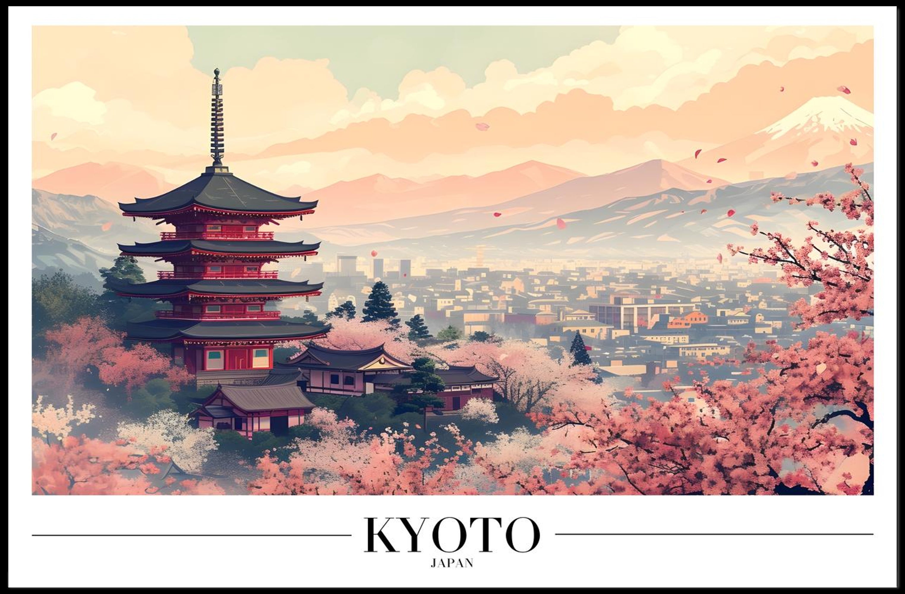 Kyoto Serenity: Cherry Blossoms and Pagoda Cultural Poster