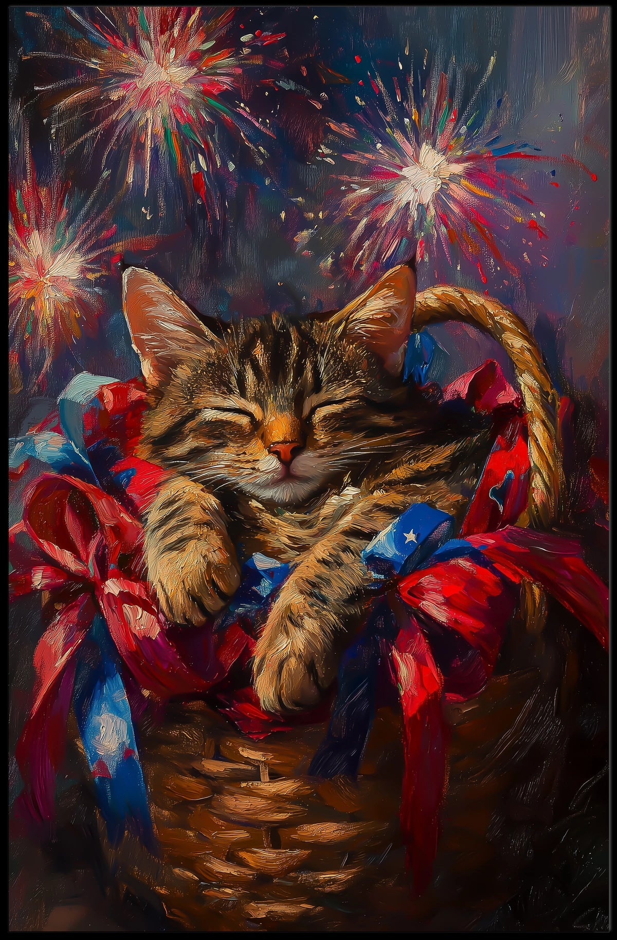 Brown Tabby Cat Curling Up Inside A Woven Basket Poster