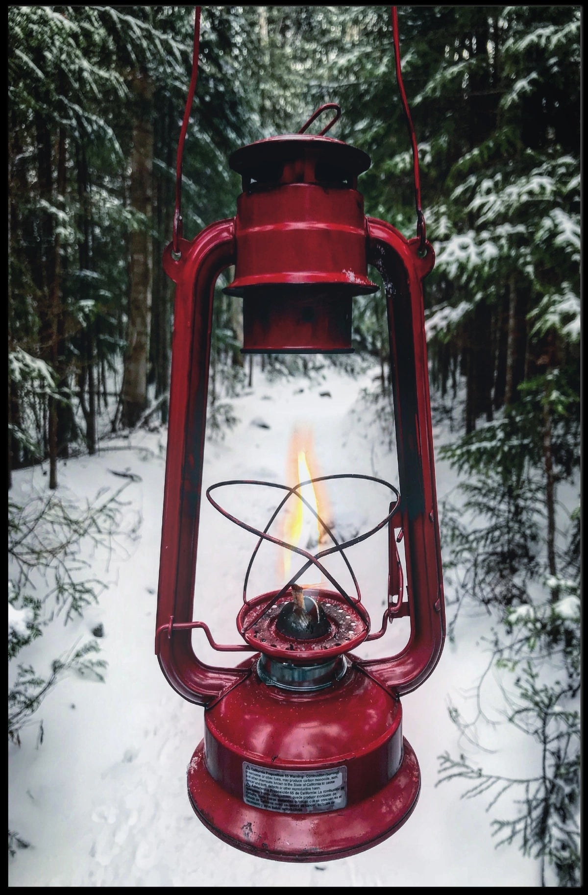 Red Lantern in Snowy Forest Adventure Travel Poster