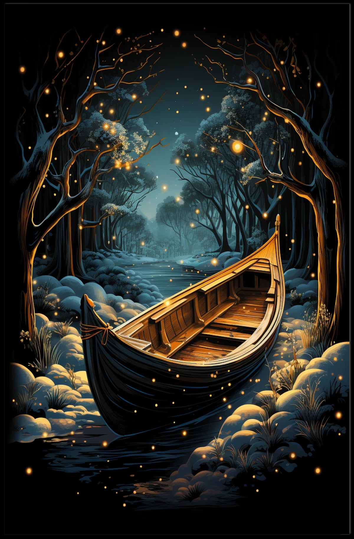 Serene Woodland Fantasy Nighttime Scene Art Poster