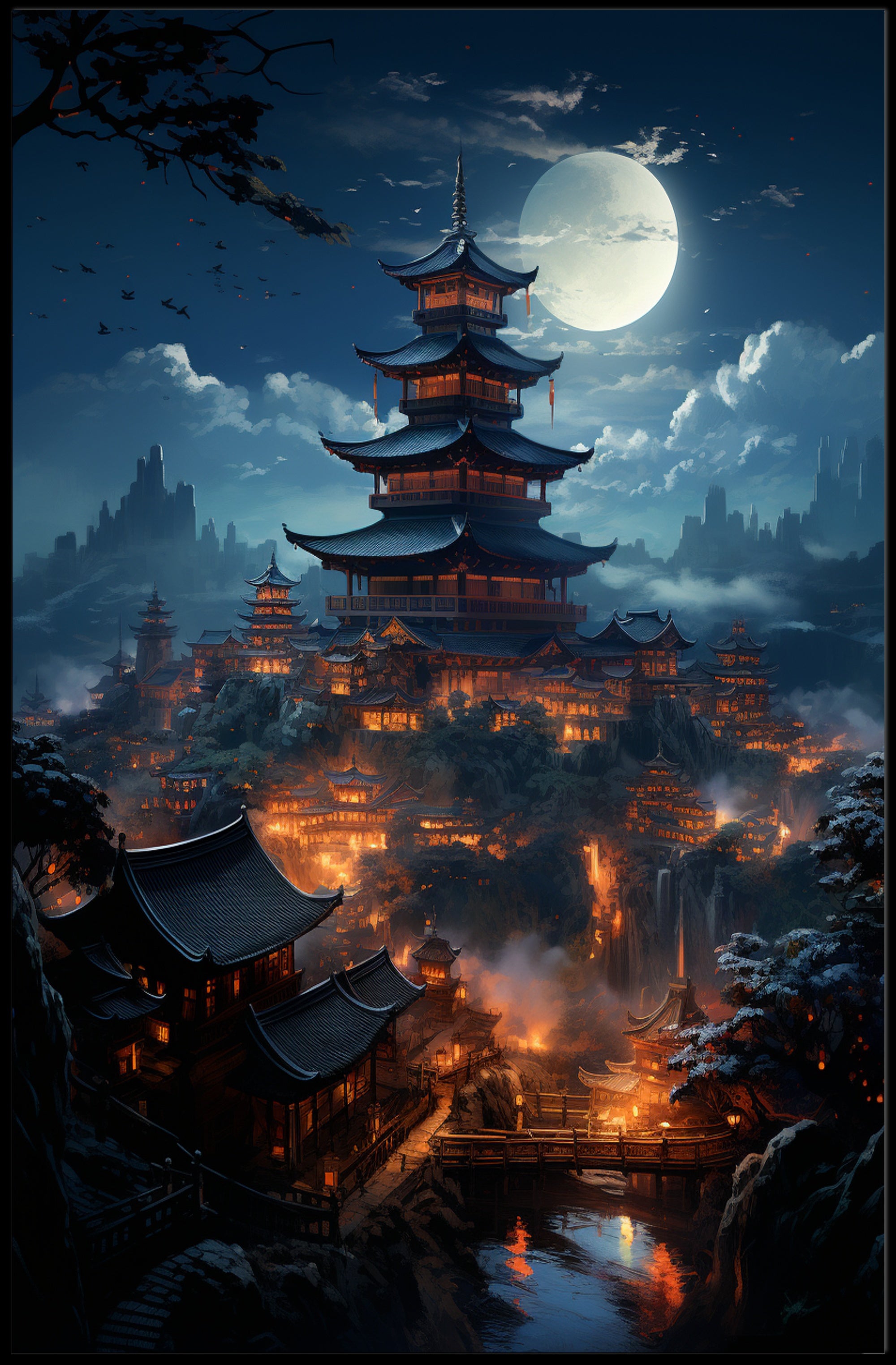 Moonlit Pagoda Village Poster