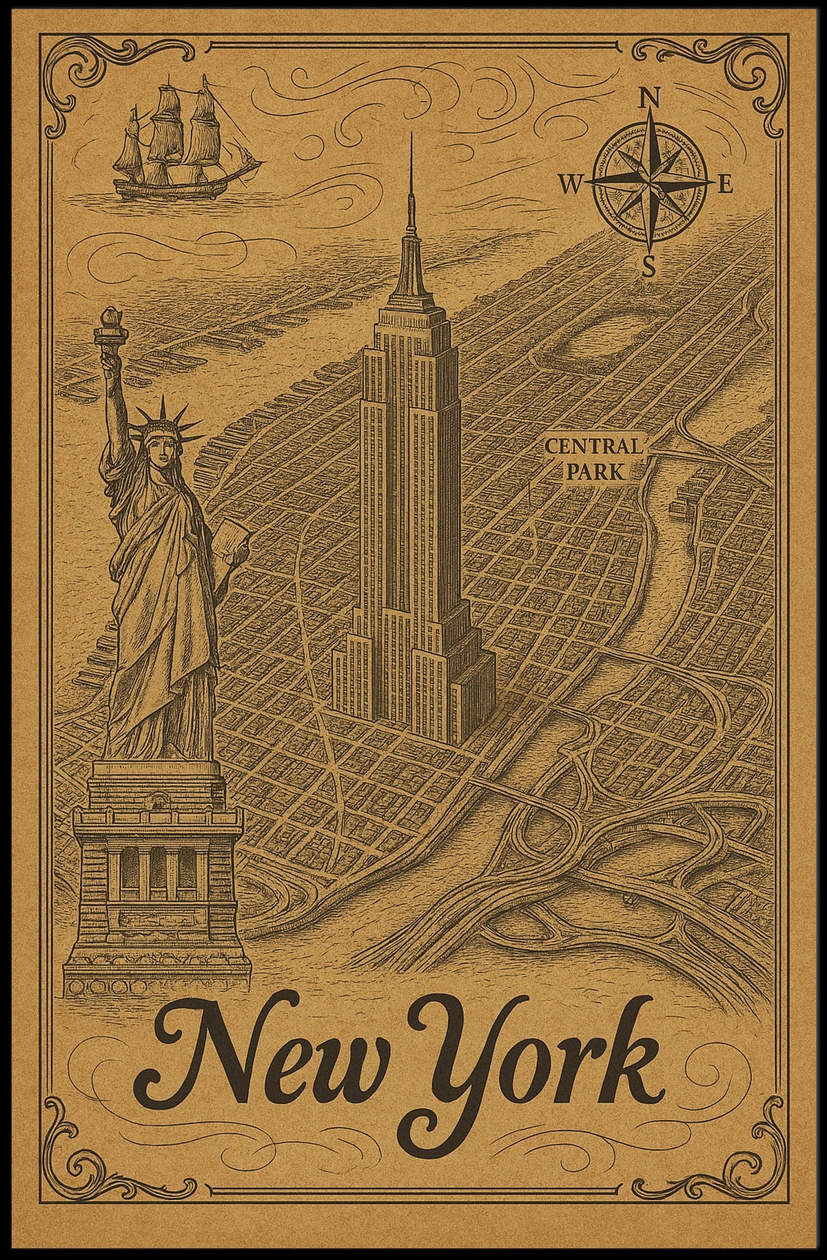 New York City Engraved Skyline Poster Vintage Wall Art