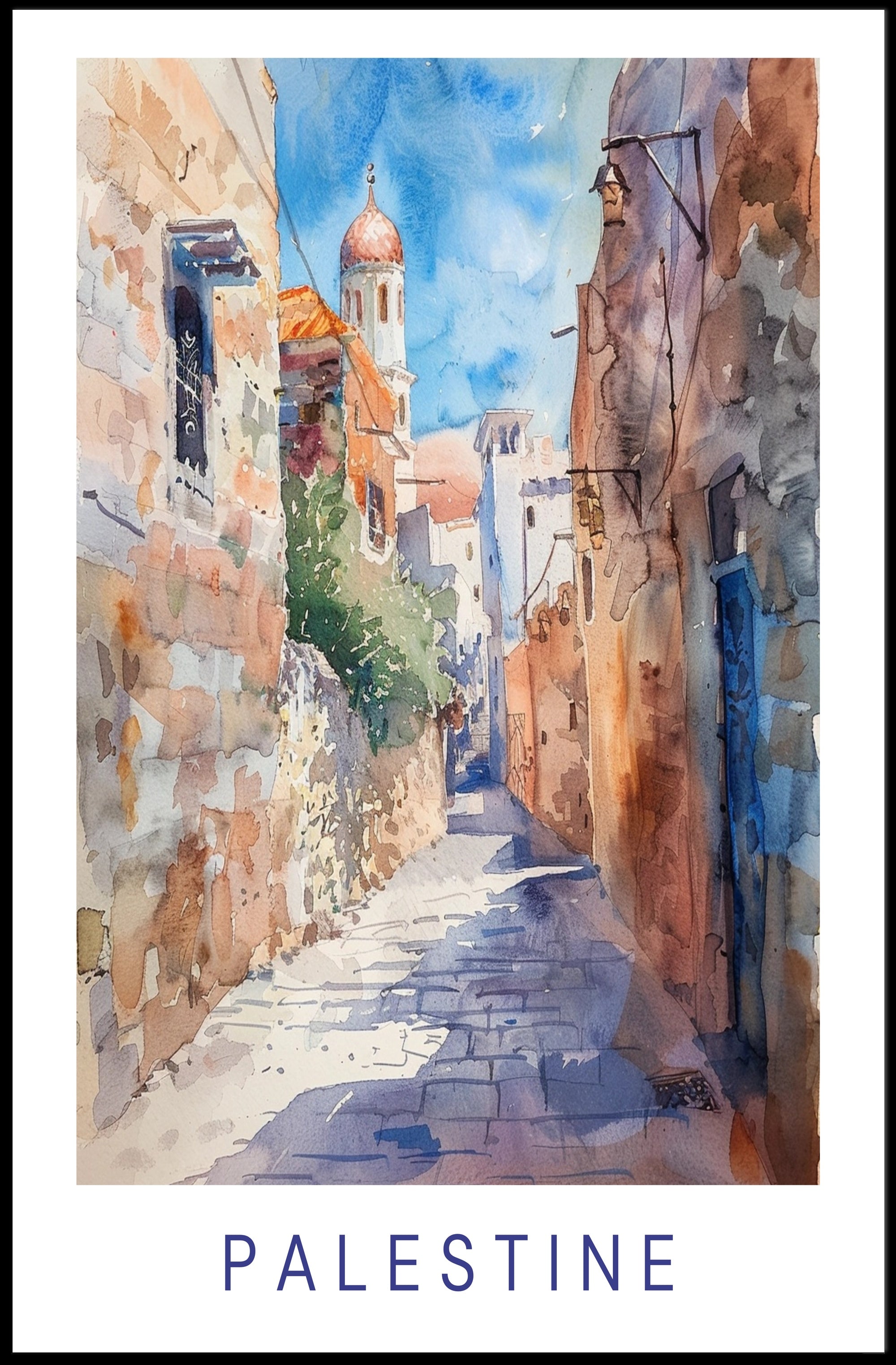 Palestinian Street Scene: Watercolor Cultural Heritage Poster PosterGoat