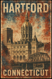 Hartford Connecticut Vintage Architectural Travel Art Deco Retro Eighties Historic Capitol Skyline Civic Pride Poster