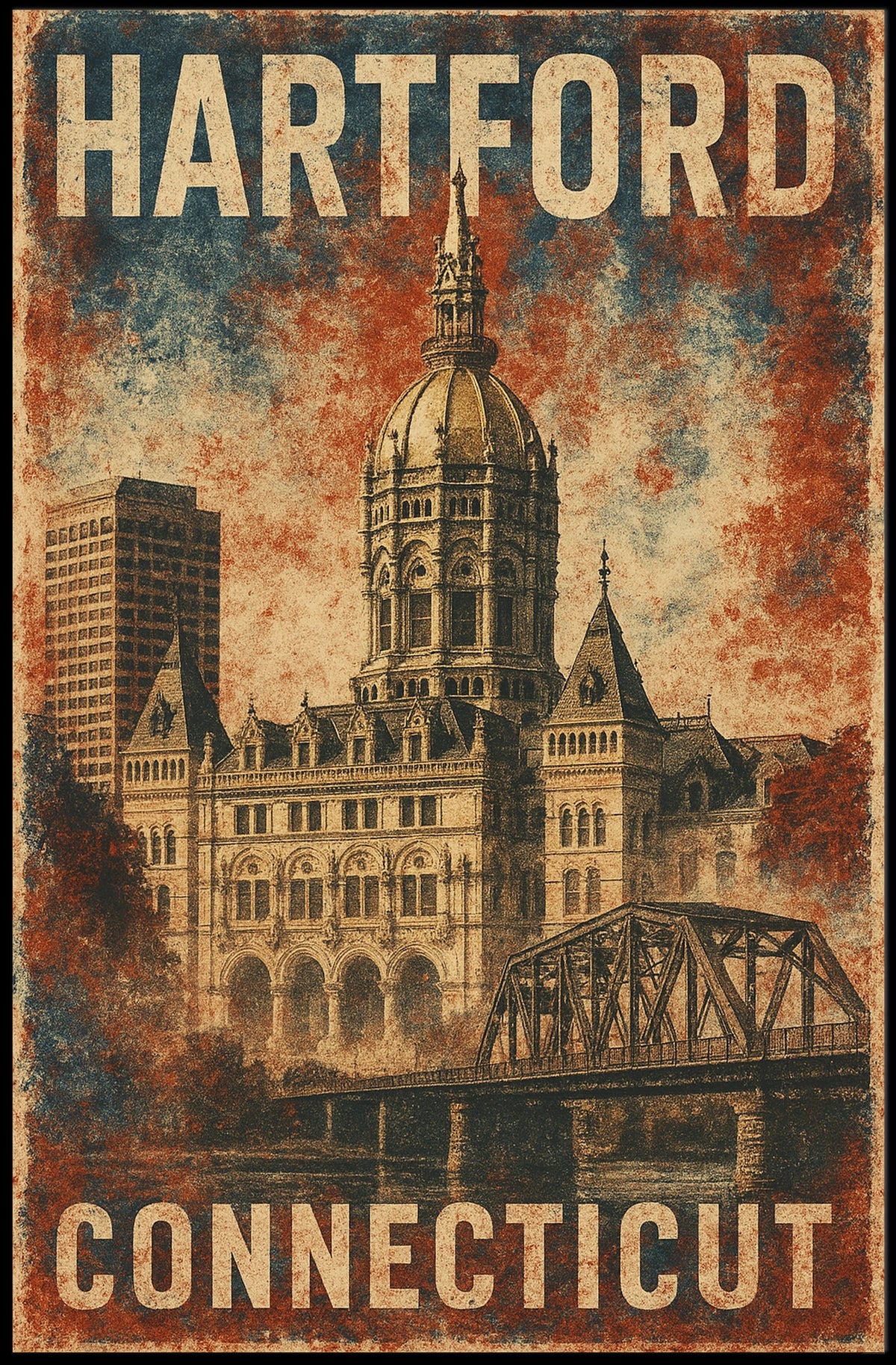 Hartford Connecticut Vintage Architectural Travel Art Deco Retro Eighties Historic Capitol Skyline Civic Pride Poster
