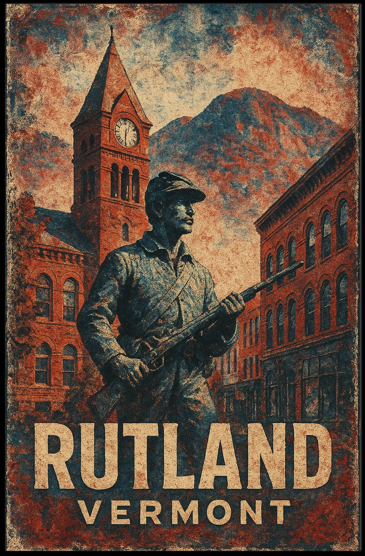 Rutland Vermont Americana Cultural Heritage Clock Tower Soldier Statue Collectors Retro Eighties Folk Art Poster