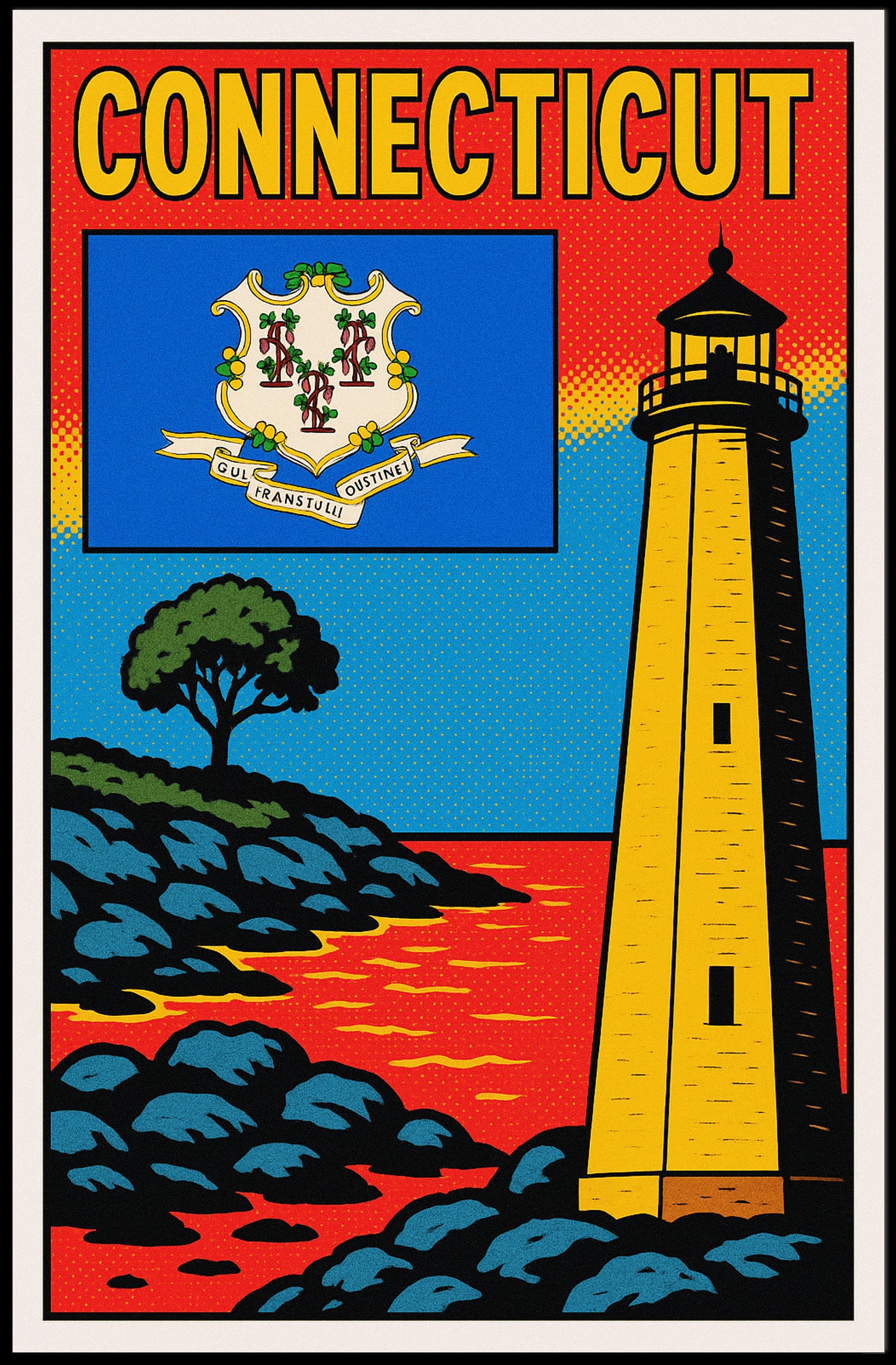 Connecticut Lighthouse and State Emblem Poster PosterGoat