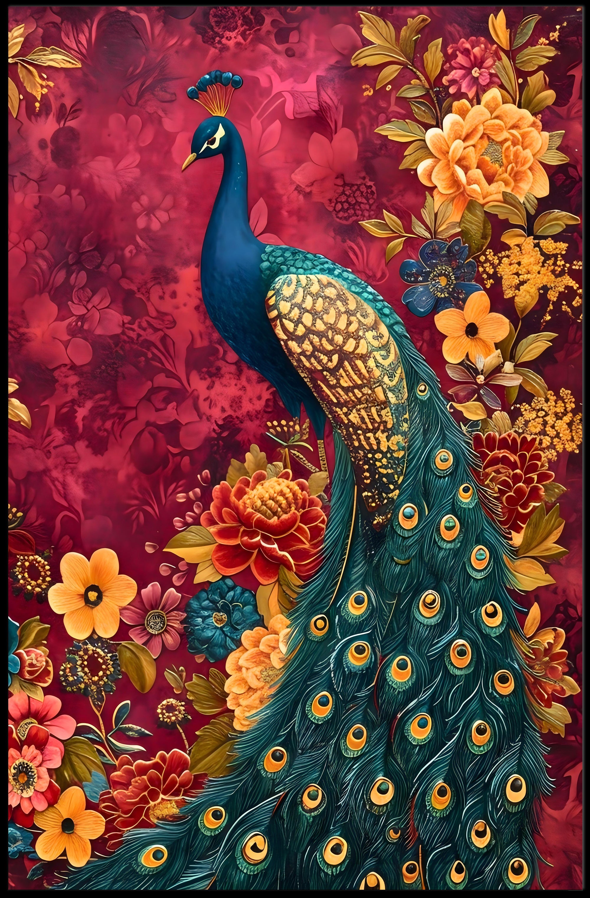Majestic Peacock Amidst Lush Blooms: Artistic Animal Poster