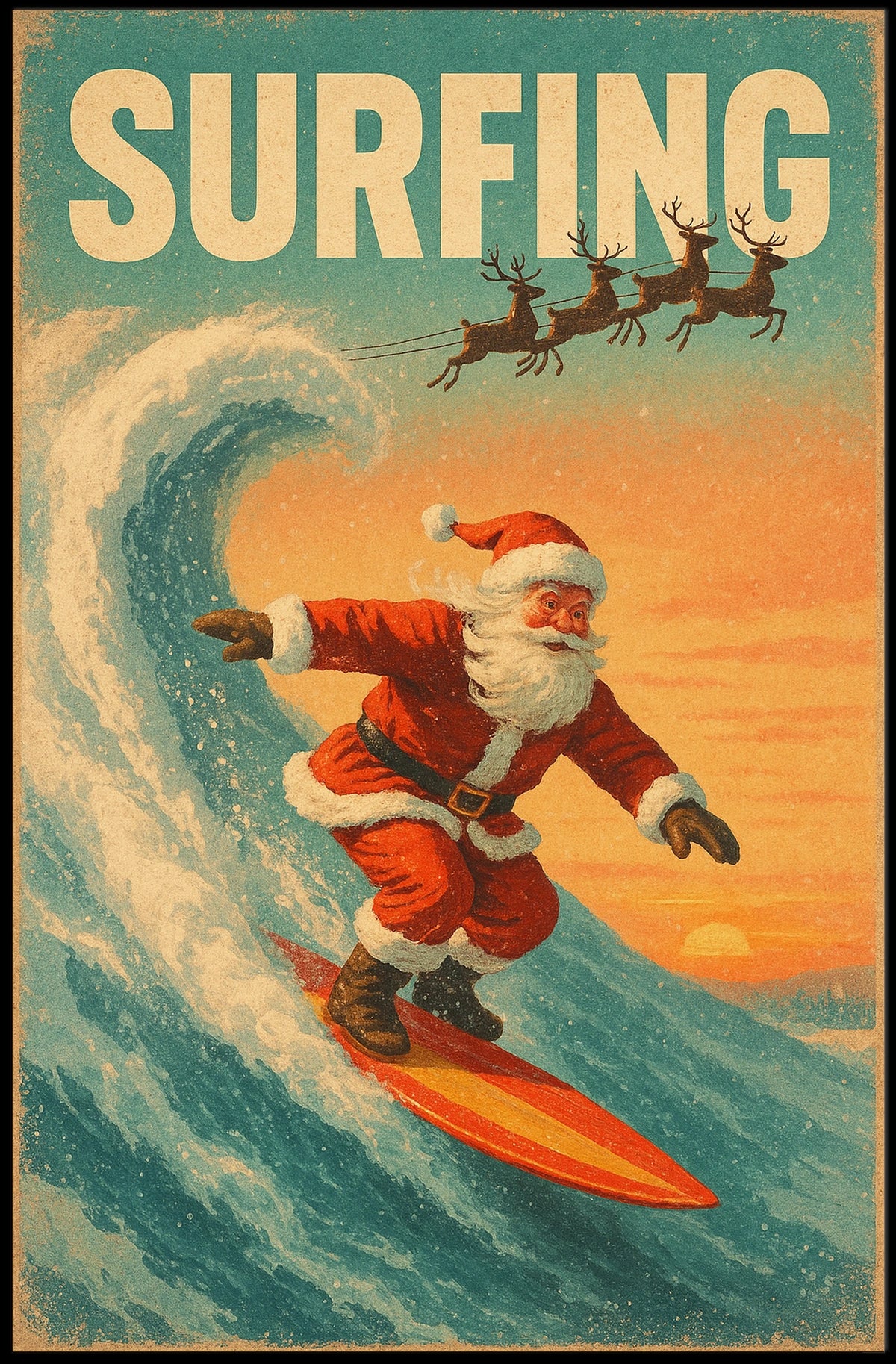 Santa Surfing Retro Christmas Holiday Poster