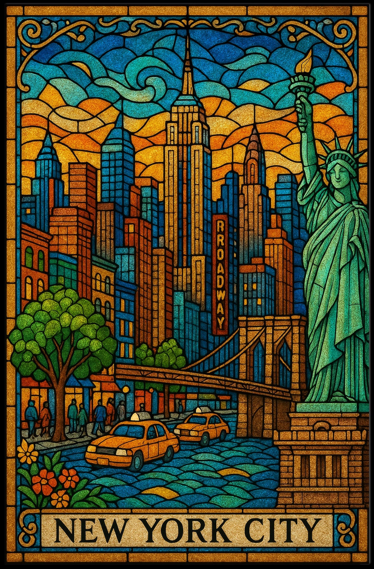 New York City Stained Glass Skyline Poster Modern Wall Art