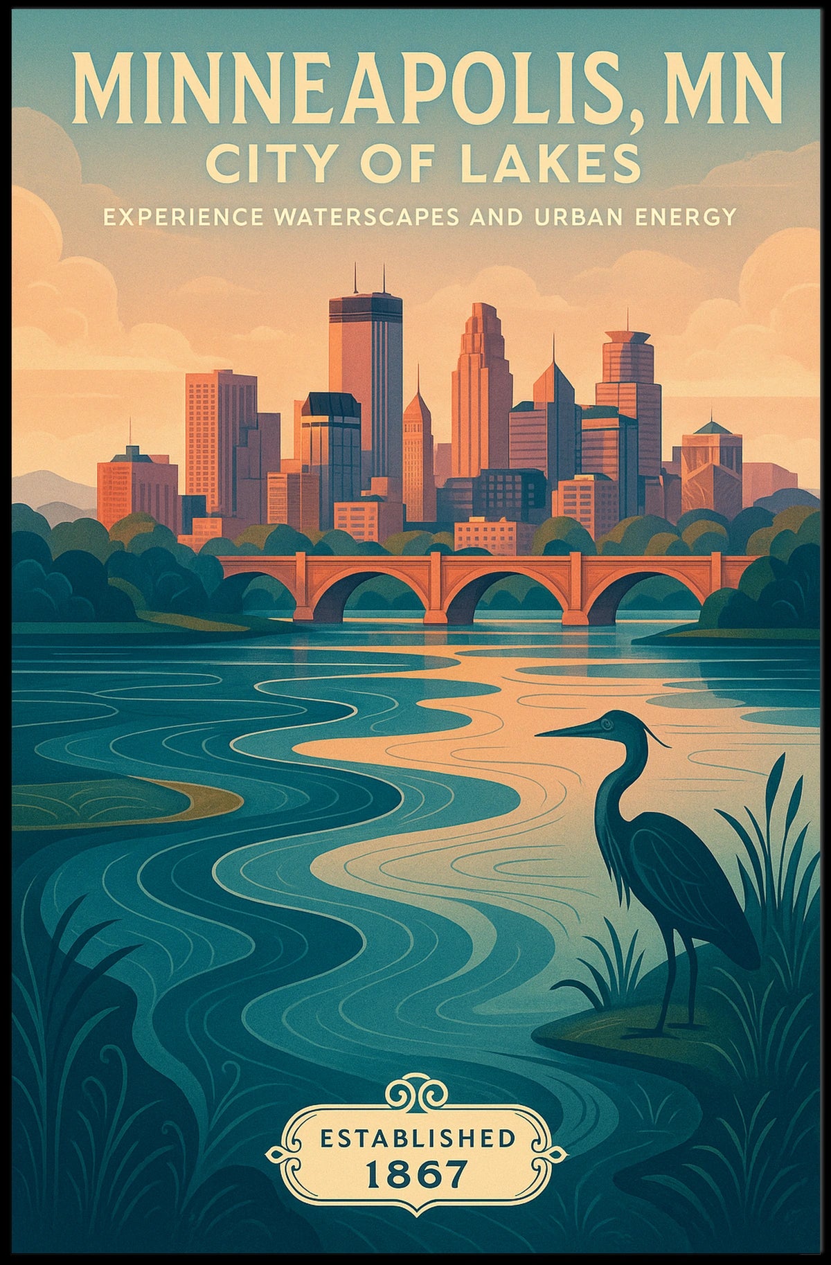 The poster depicts a serene and picturesque representation of Minneapolis, Minnesota, known as Travel Poster