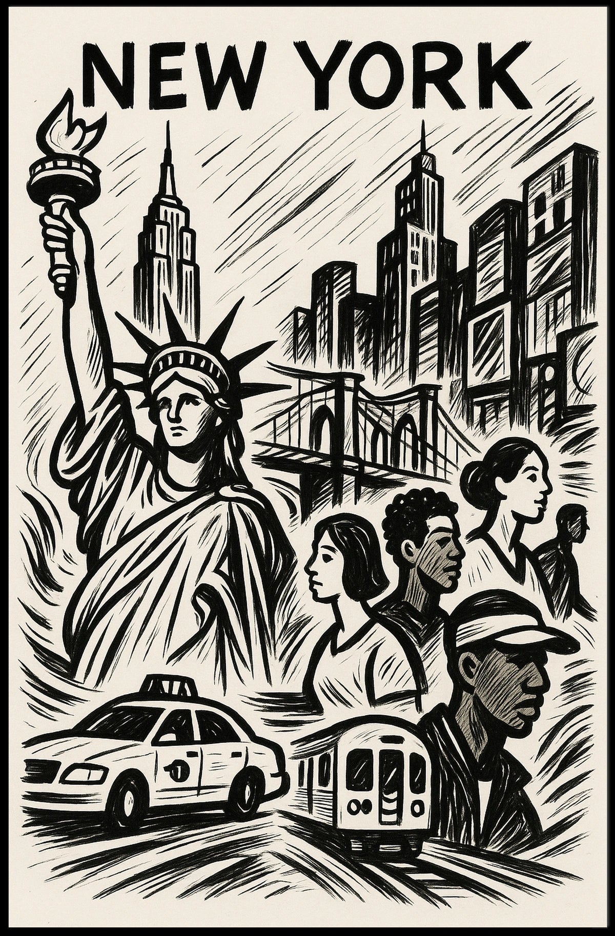 New York City Iconic Landmarks Poster Vintage Wall Art