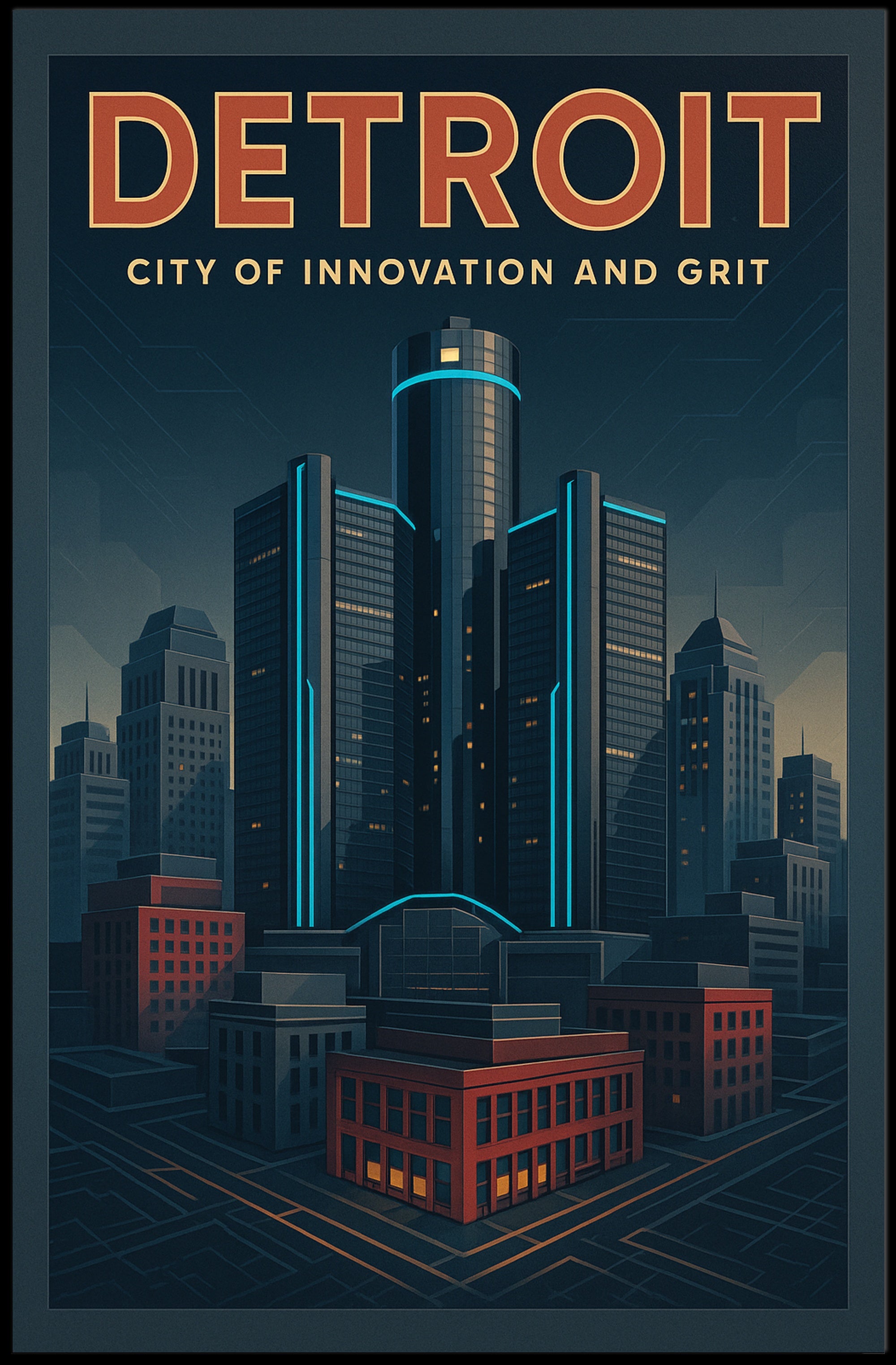 Detroit Skyscrapers Futuristic Urban Cityscape Poster