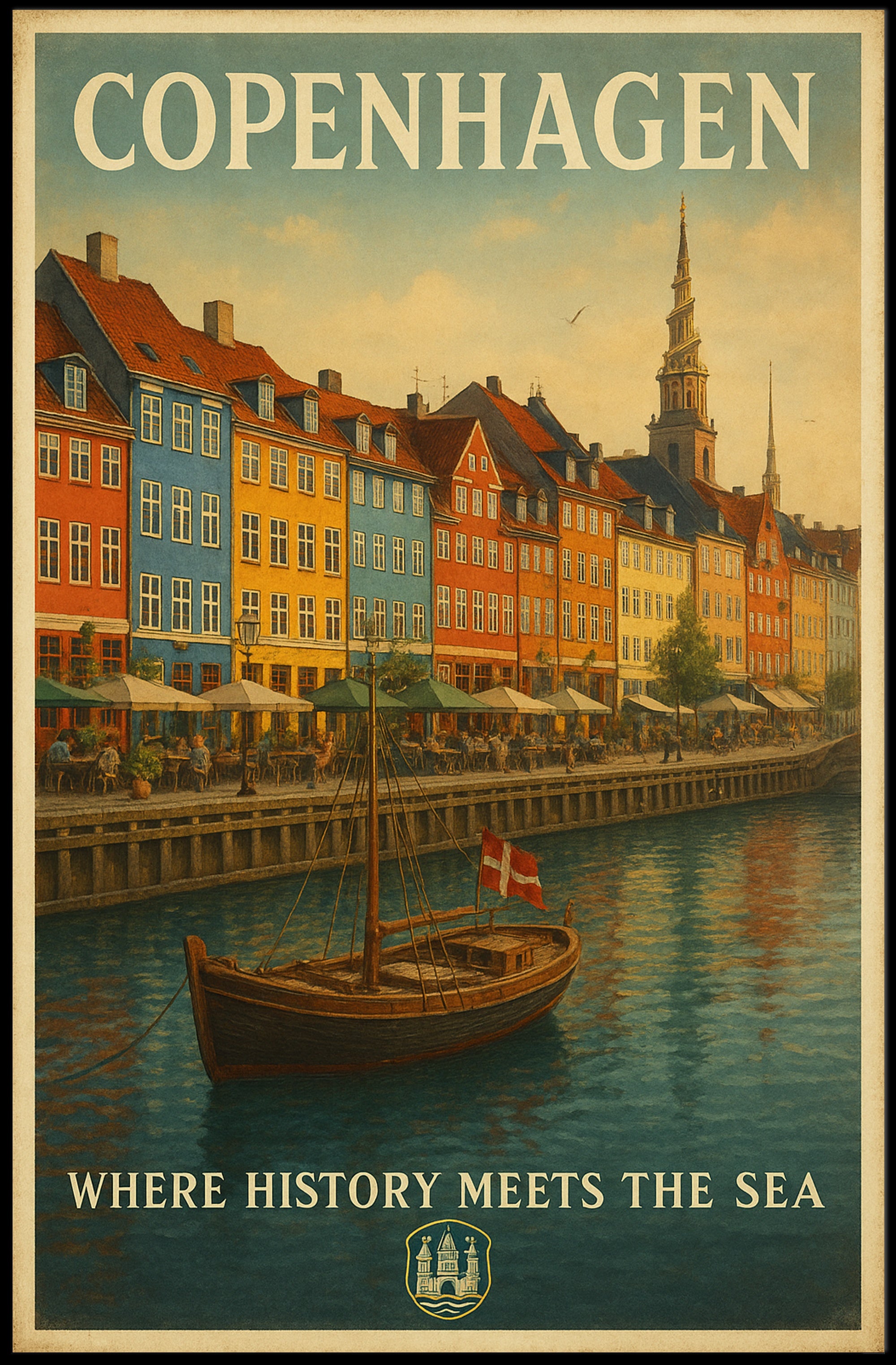Copenhagen Waterfront Nyhavn Vintage Travel Scene Poster