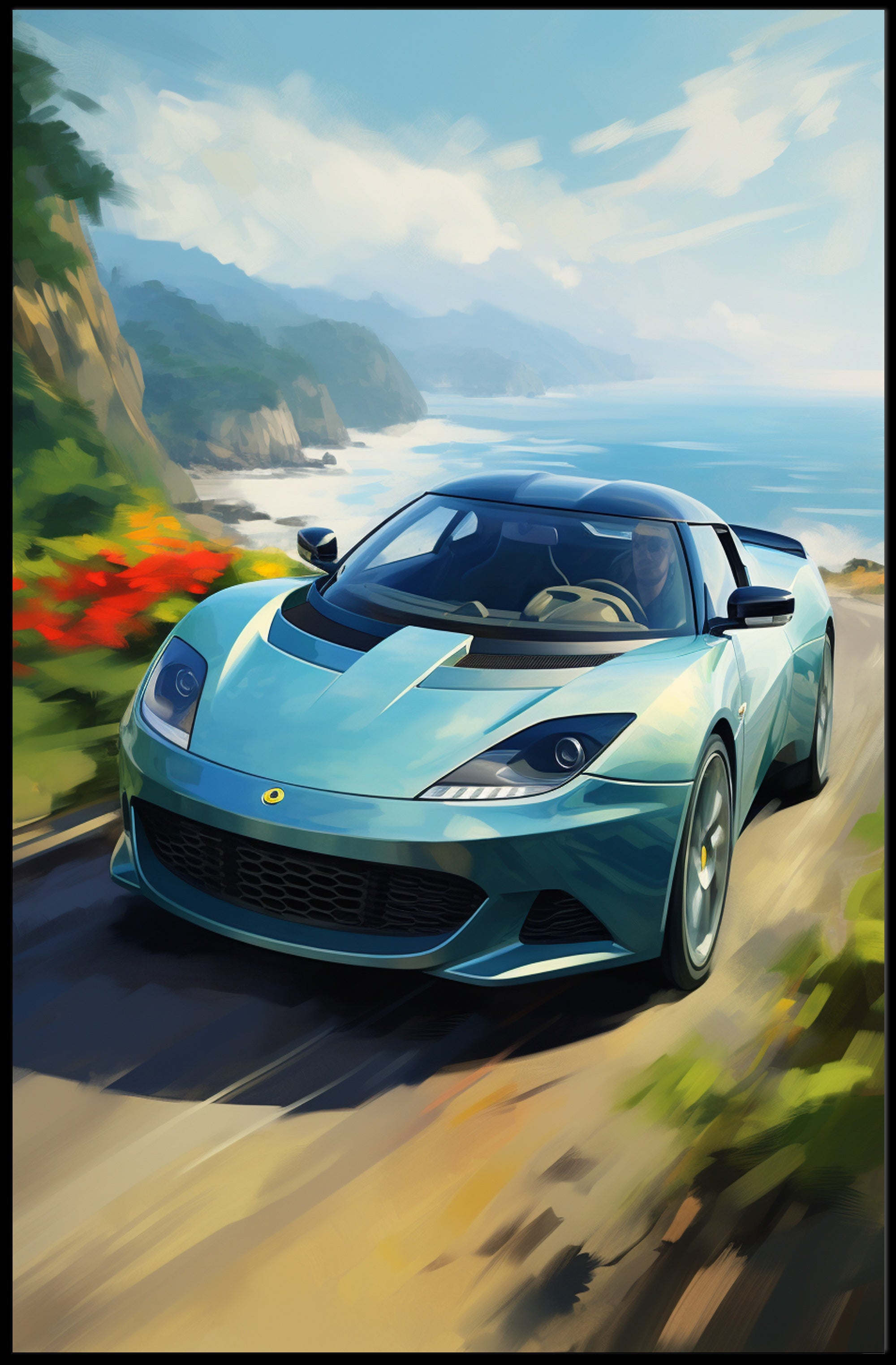 Coastal Drive with a Sports Car Poster PosterGoat