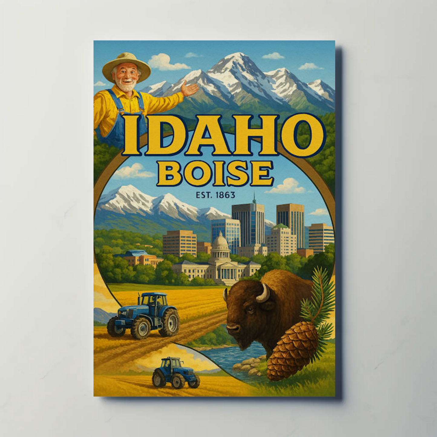Boise Idaho Cityscape Buffalo Mountain Farm Travel Poster