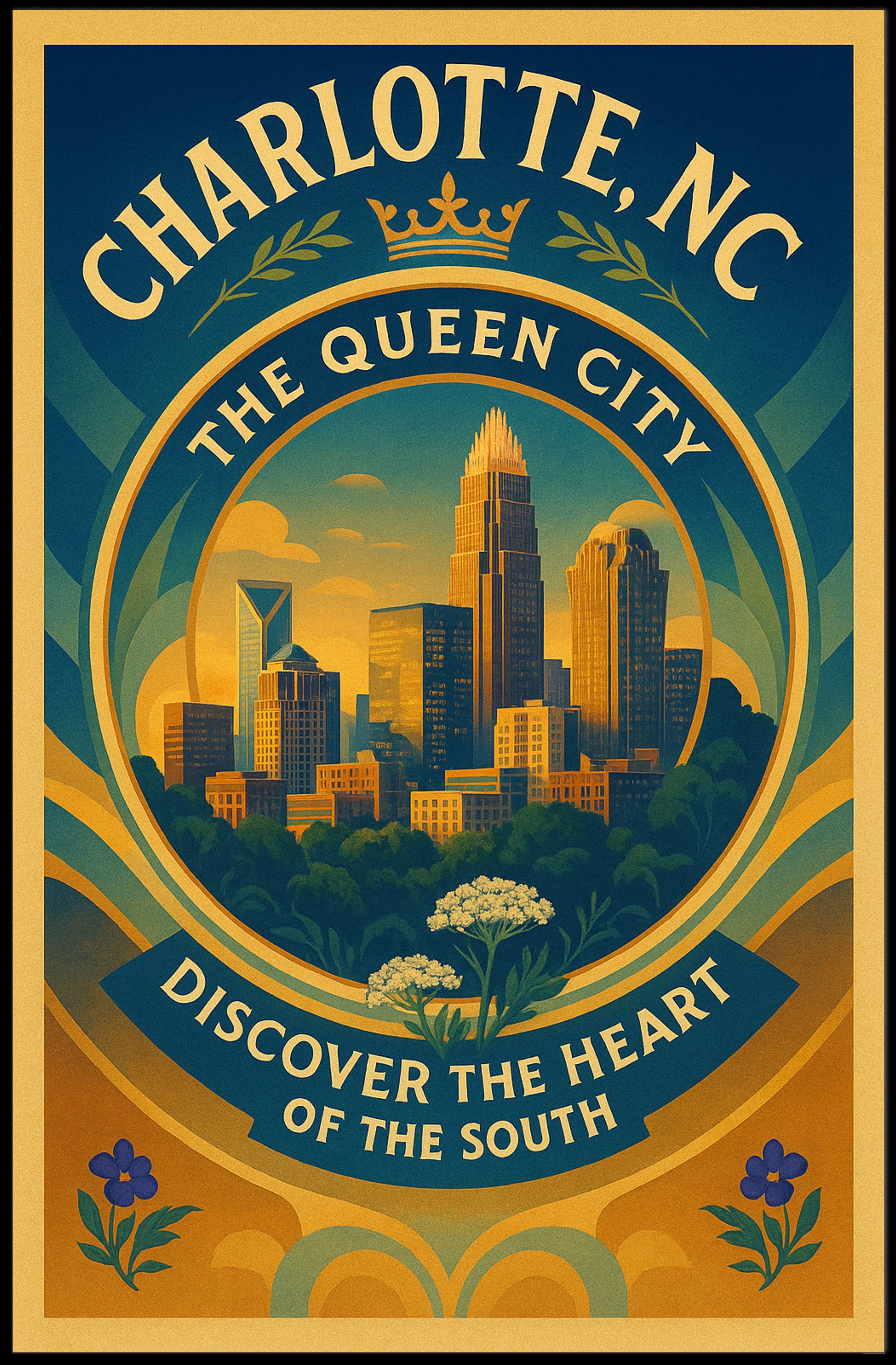 Charlotte Skyline Vintage Travel Poster