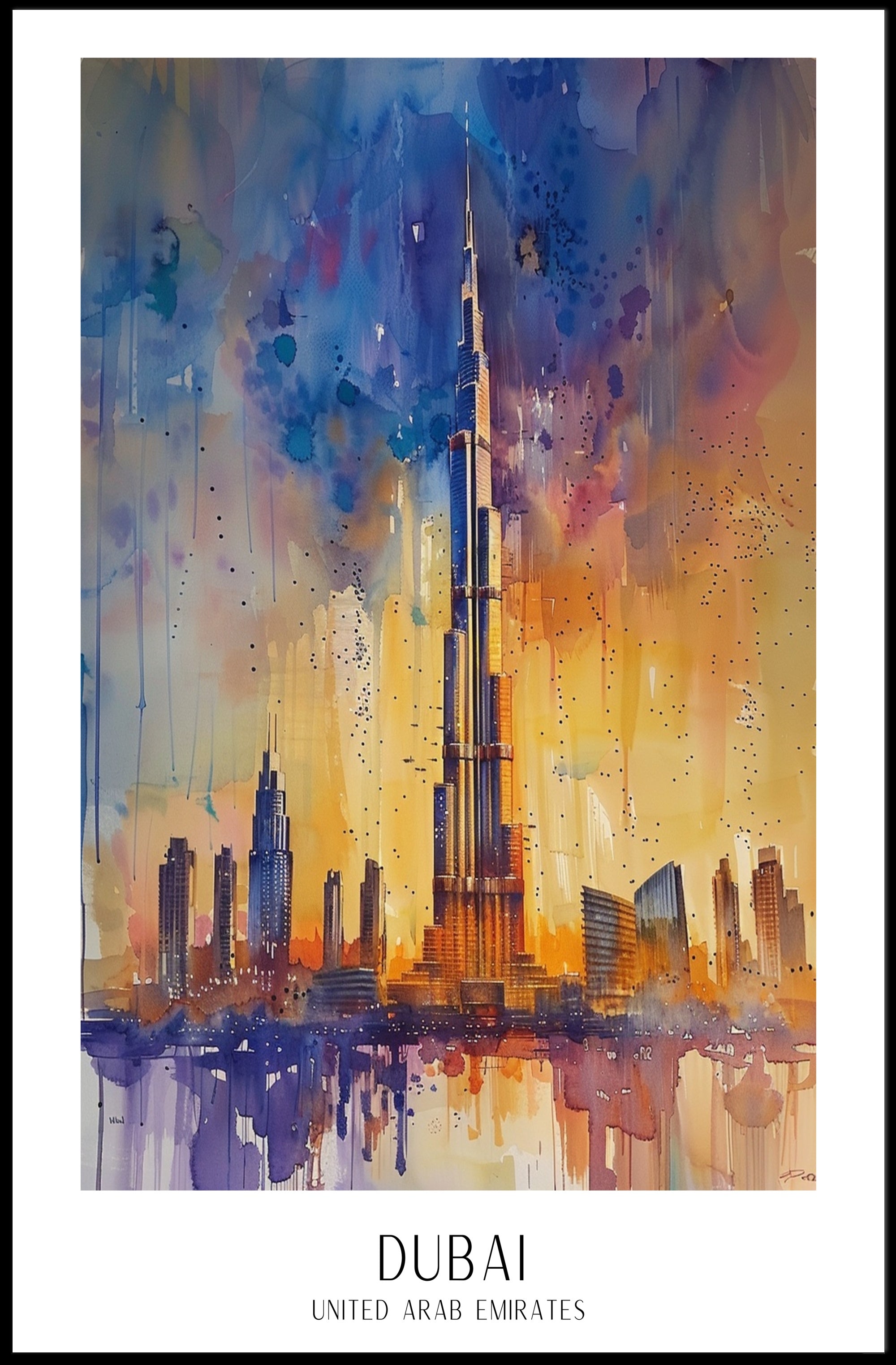 Dubai Skyline Modern Abstract Watercolor Urban or Cityscape Poster PosterGoat
