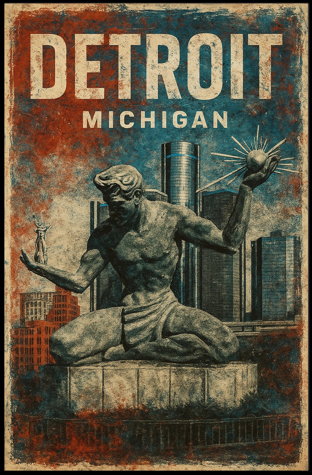 Spirit Detroit Cityscape Vintage Travel Poster