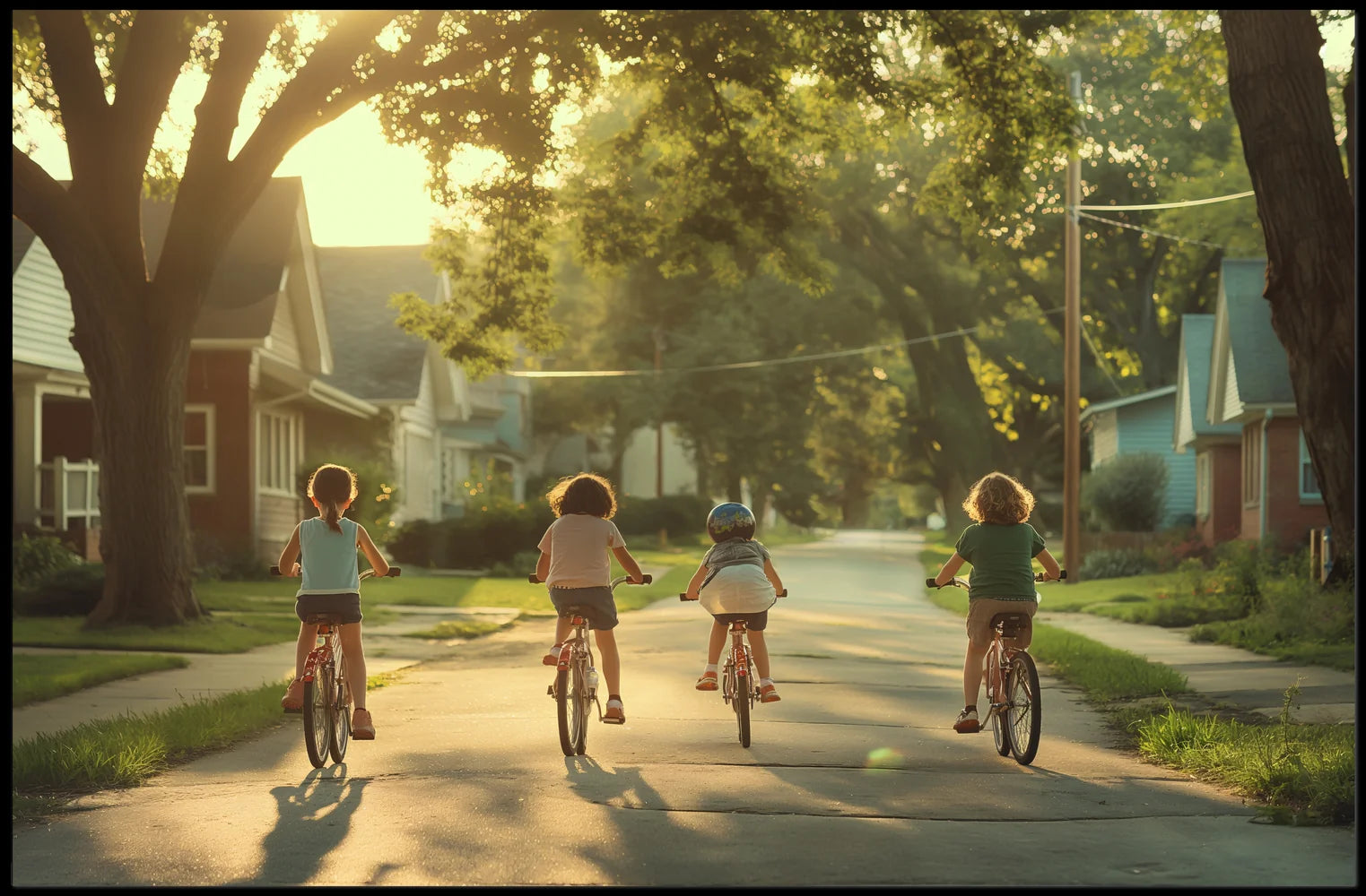 Nostalgic Suburban Sunset: Children's Bicycle Adventure