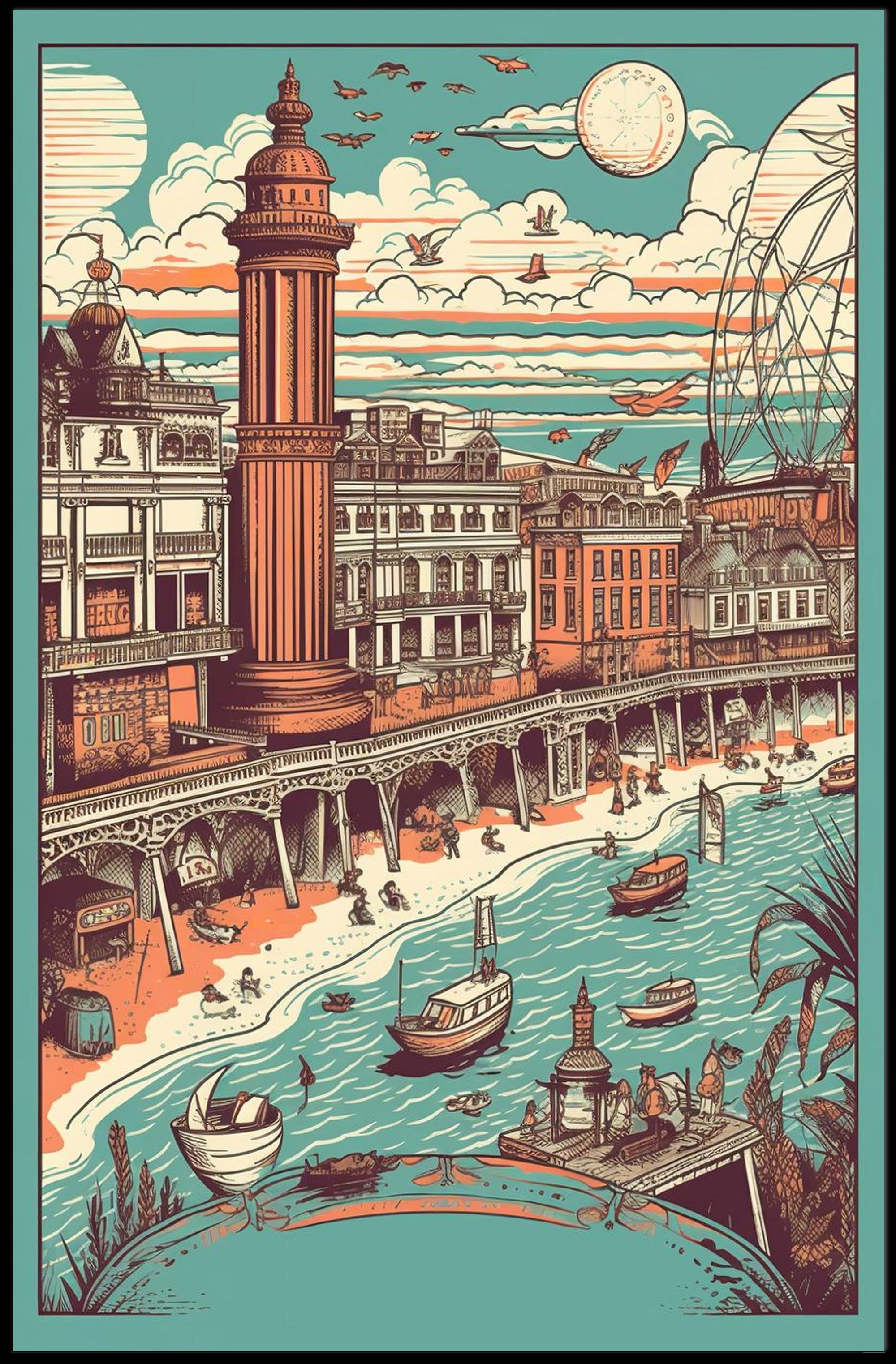 Vintage Coastal Town Illustration Poster