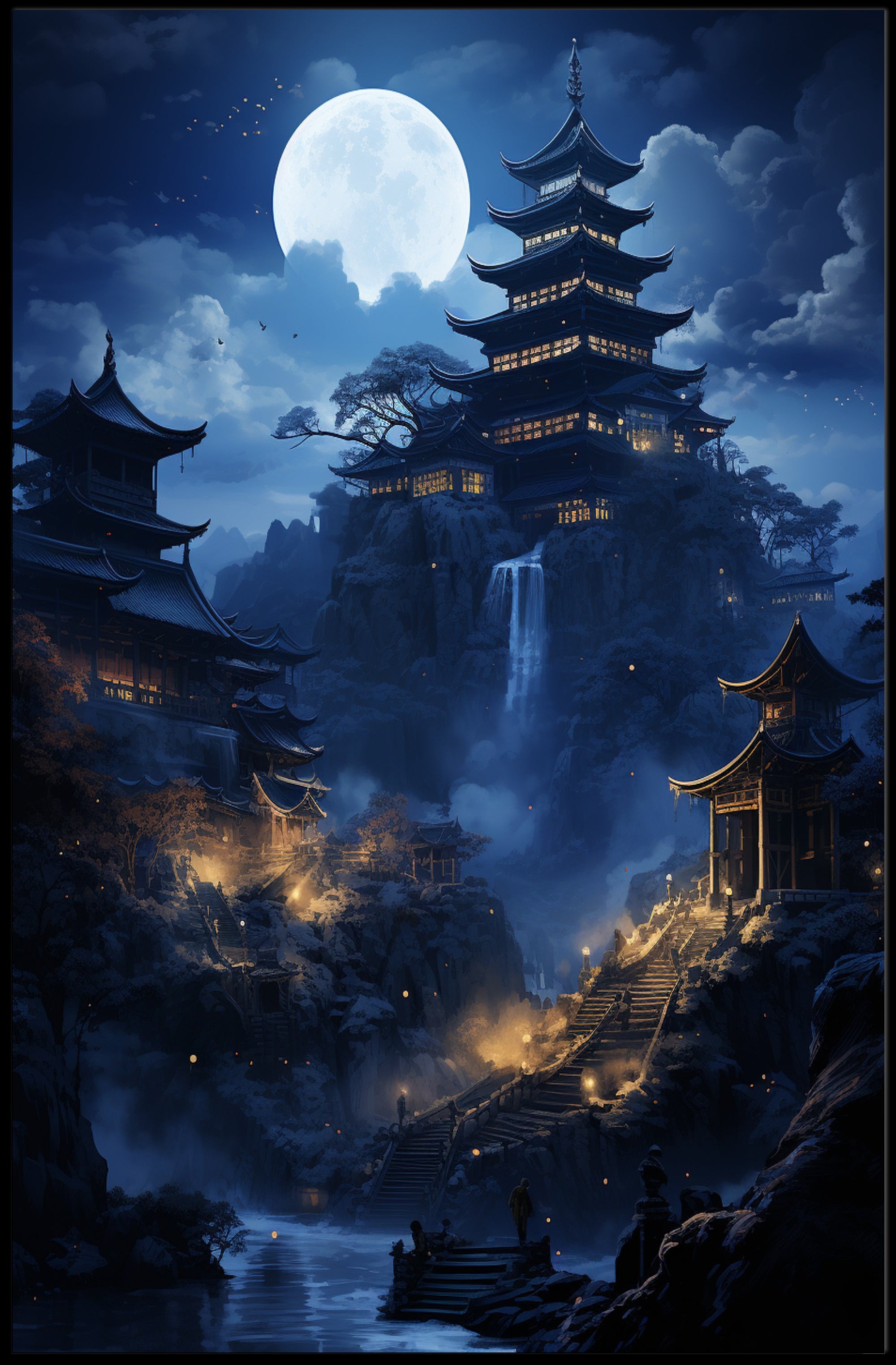 Moonlit Pagoda Serenity Poster
