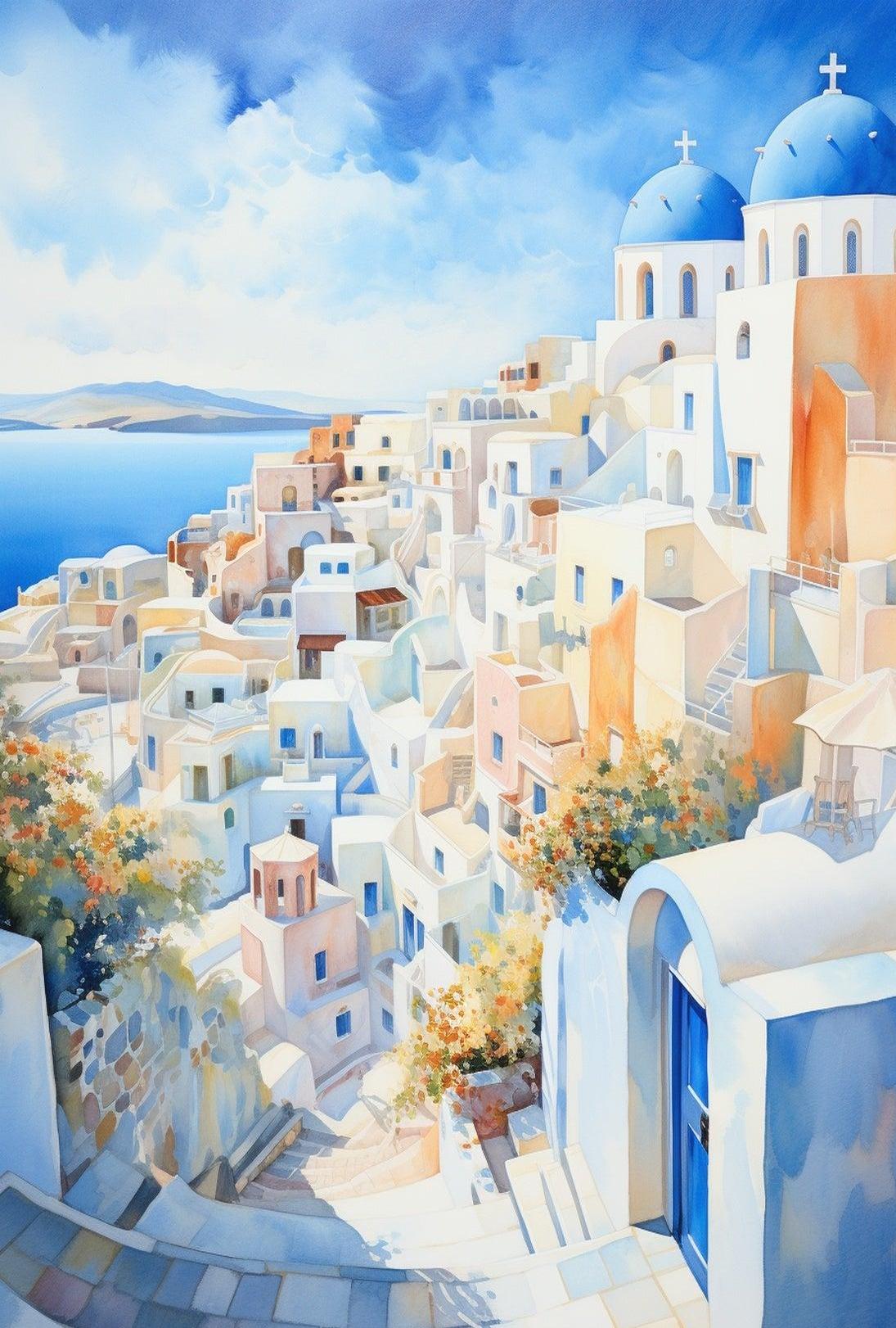 Santorini Coastal Town Watercolor: Tranquil Travel Poster