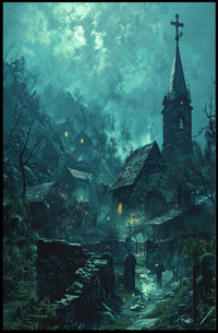 Mysterious Gothic Village Poster with Moonlit Atmosphere PosterGoat