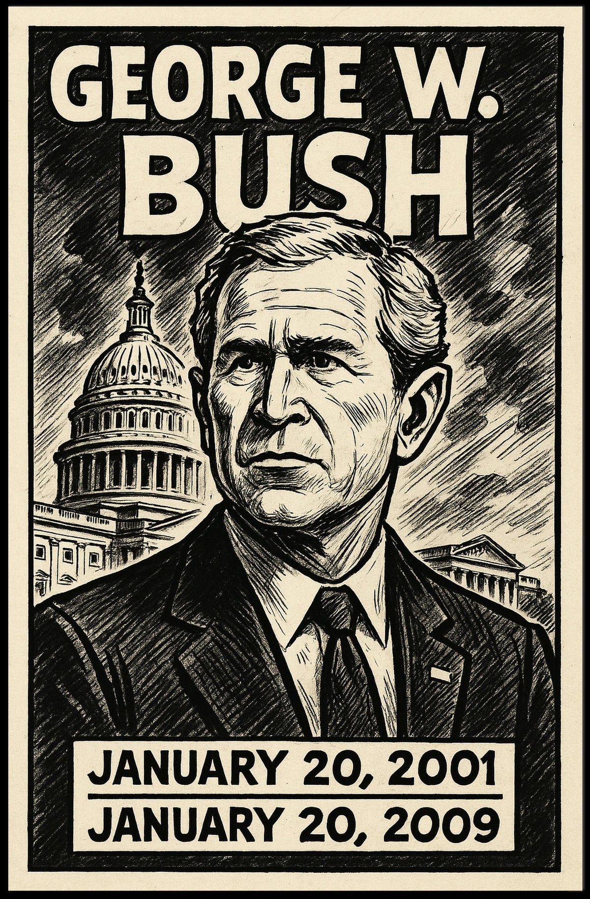 George W. Bush 43rd President of the United States B & W Comic Sketch Poster